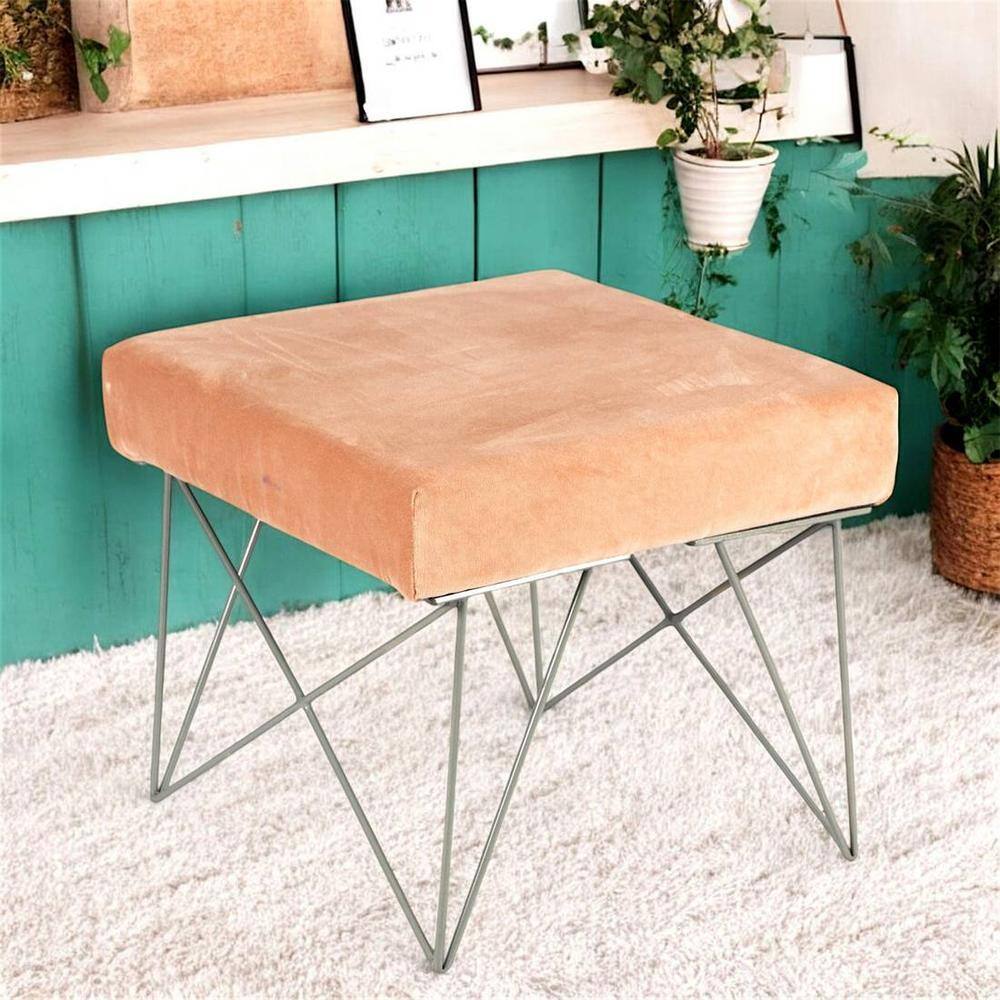 Asansol Sheesham Wood Accent Square Stool     in Melon Pink Cotton Velvet Upholstery