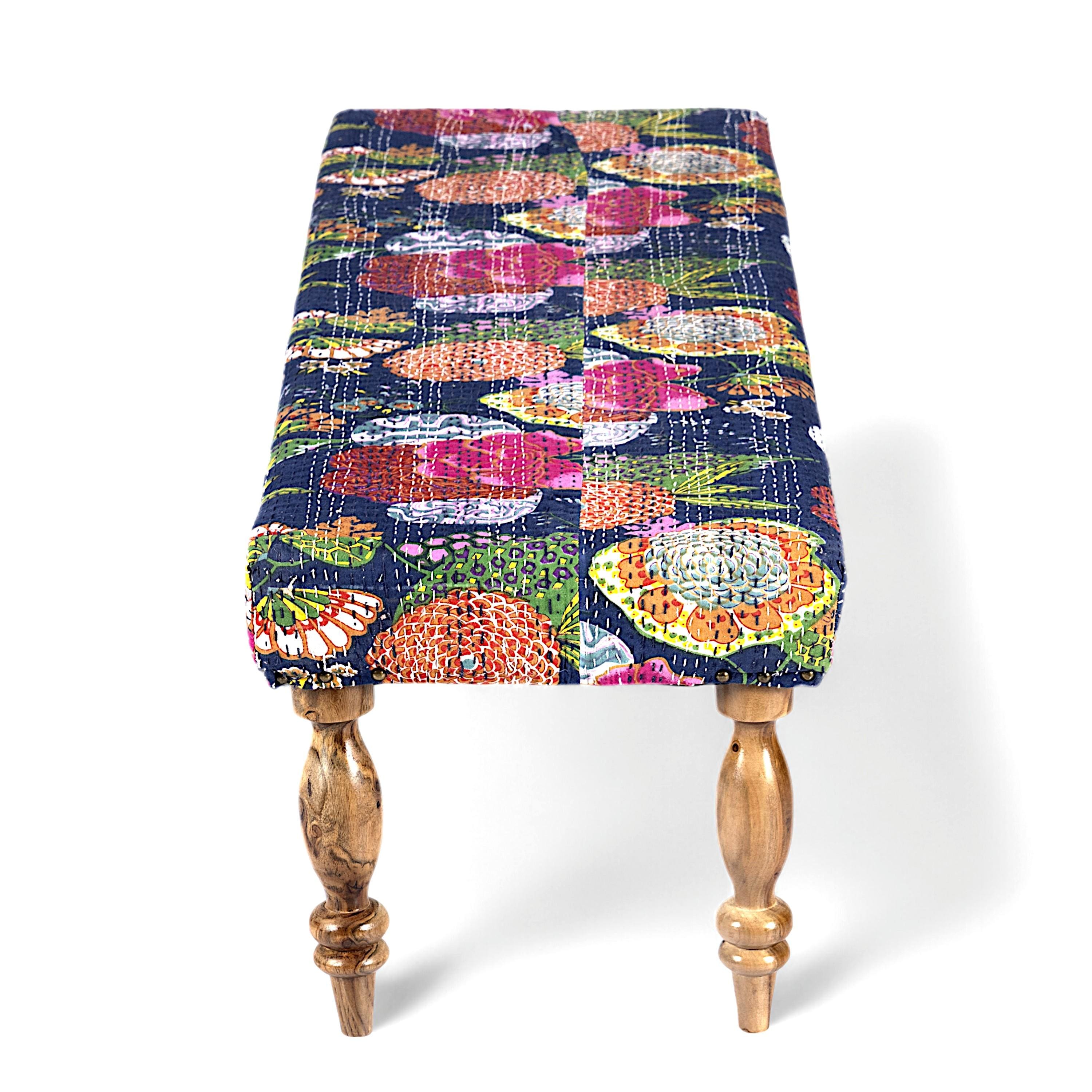 Cairo Sheesham Wood Mid Century Seater Bench Set  2 Stools In Fruit Print Blue Kantha