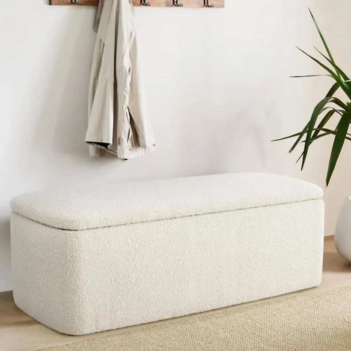 Jalo  Boucle 2 Seater Ottoman Bench with Storage  in Off White  Color - Home Lifestylez