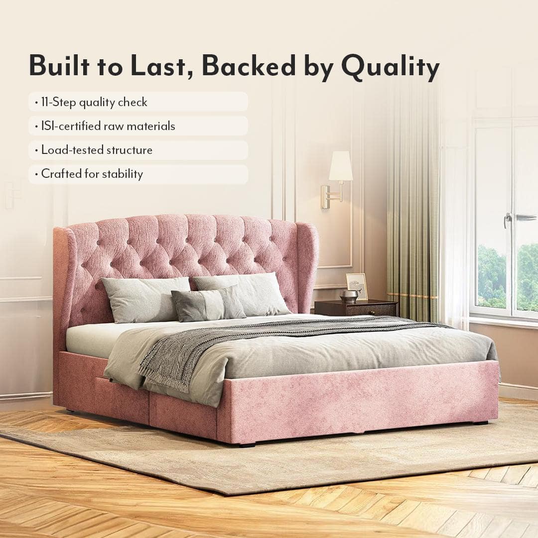 Holmebrook Engineered Wood Queen Size Drawer Storage Upholstered Bed in Desert Rose Colour