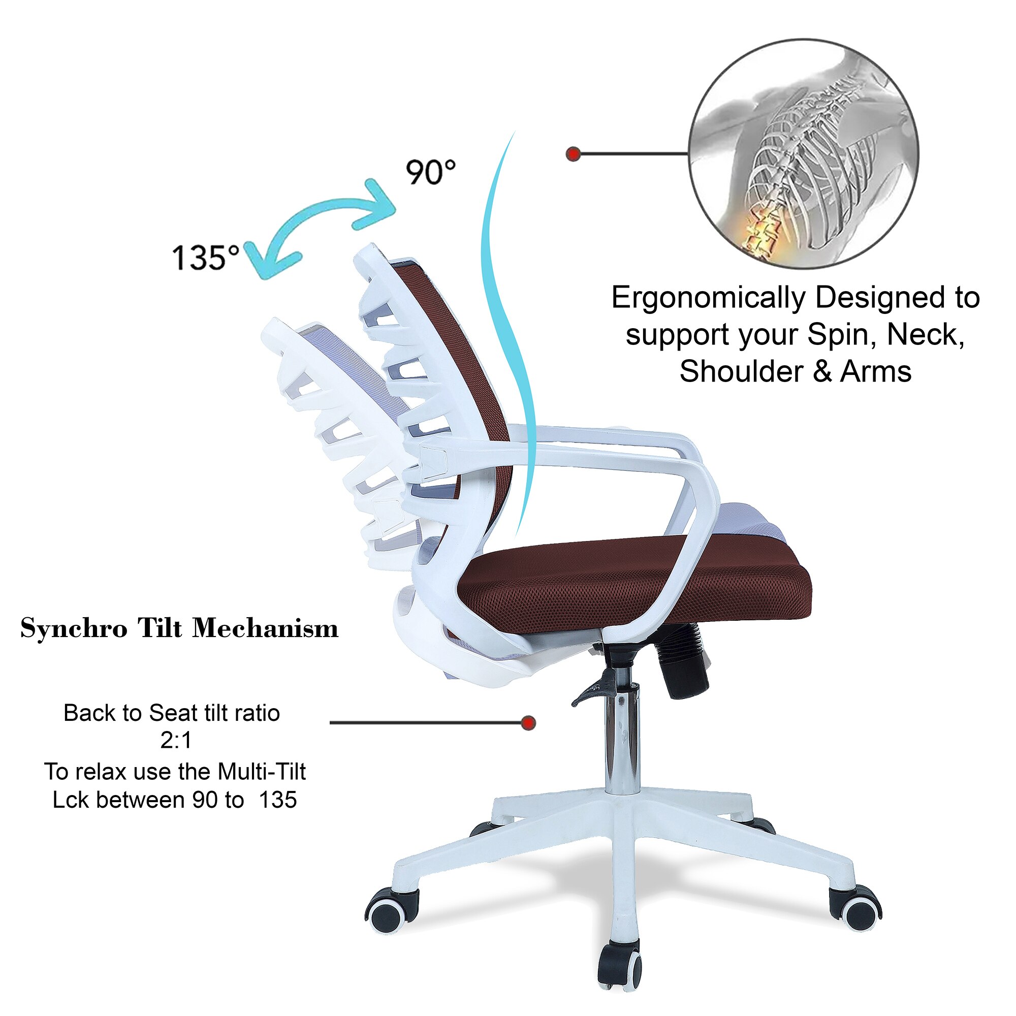 Iinea Mid Back Ergonomic Chair in Brown Colour