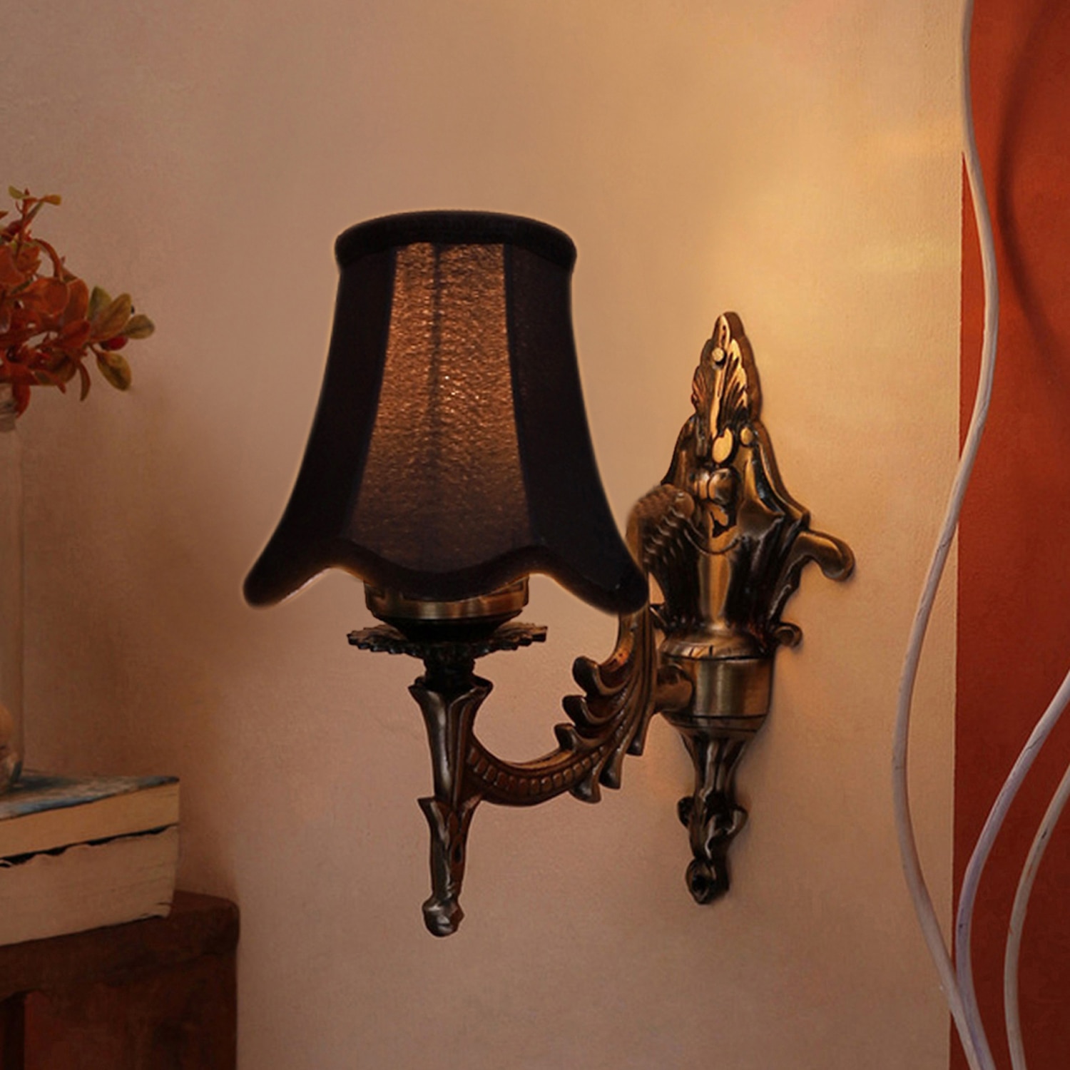 Devansh Gold Antique Wall Mounted Lamp With Black  Cotton Shade - Devansh