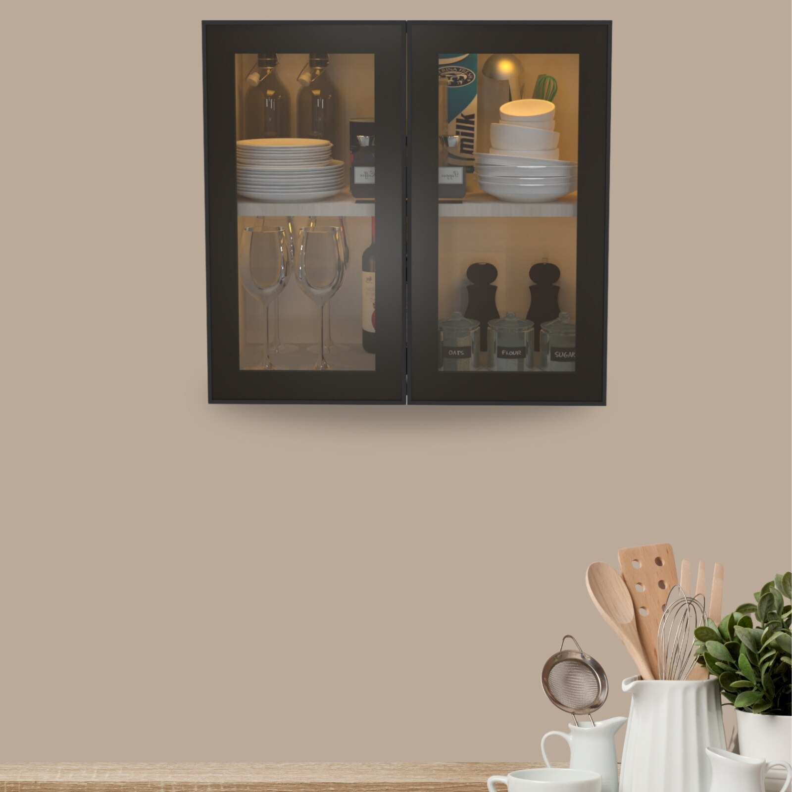 speciality panels Aluminium Black Profile 2 Brown Tinted Glass Handless Shutters Wall Cabinet In Highland Pine Finish-picture-38