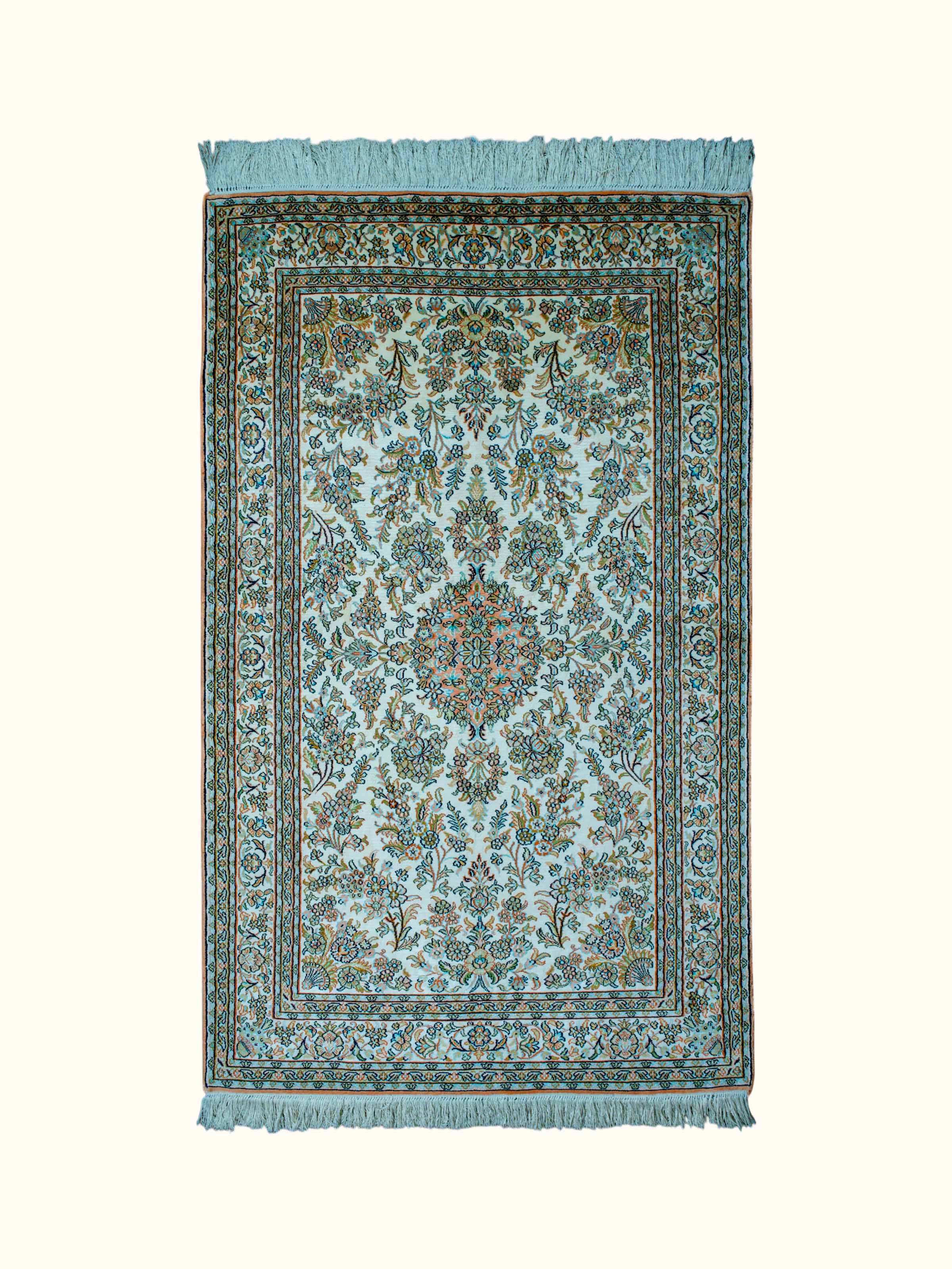 Traditional Persian Ivory Mahal Kashmir Silk Hand-Knotted Carpet