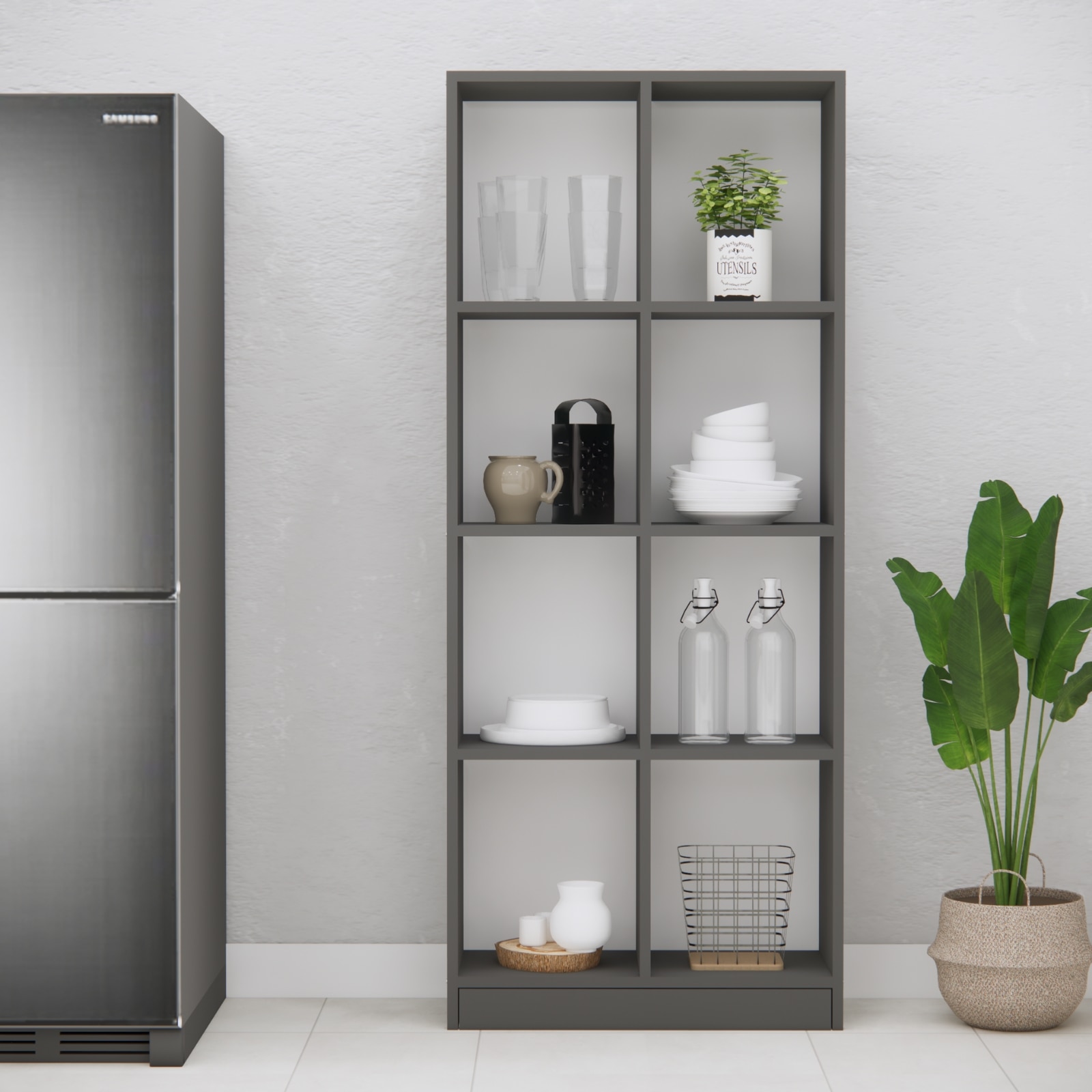 8 Shelves Open Multipurpose Matrix Kitchen Cabinet In Slate Grey Finish - Speciality Panels