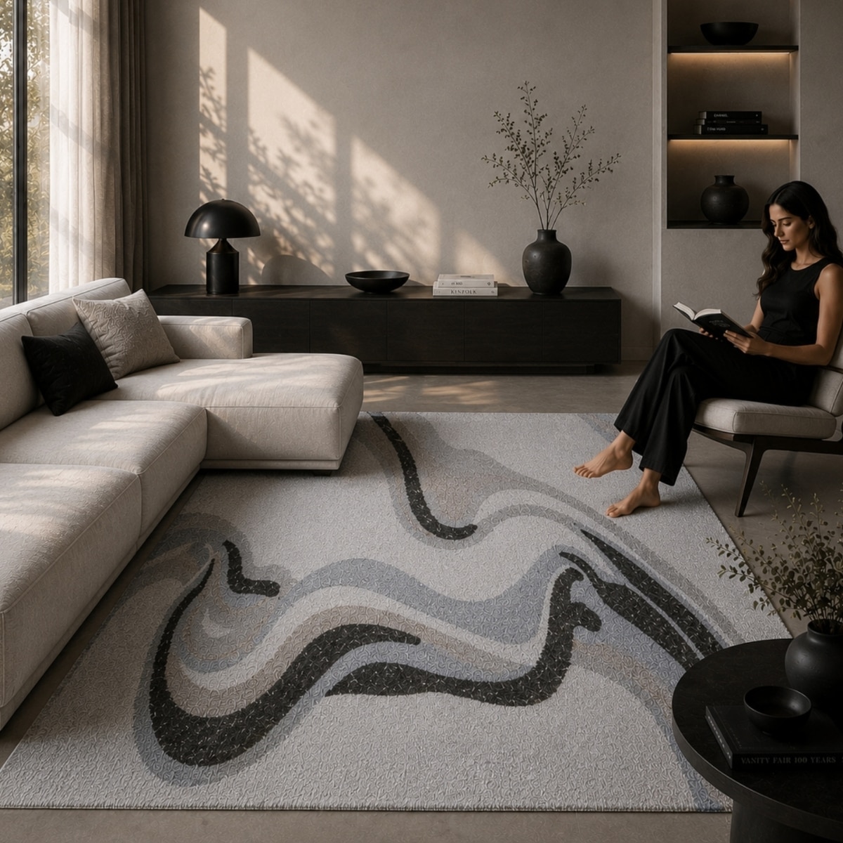 Handmade Wool Silk Area Rug Modern Wave Beige 9 x 12 Feet Carpet - NEU LOOMS