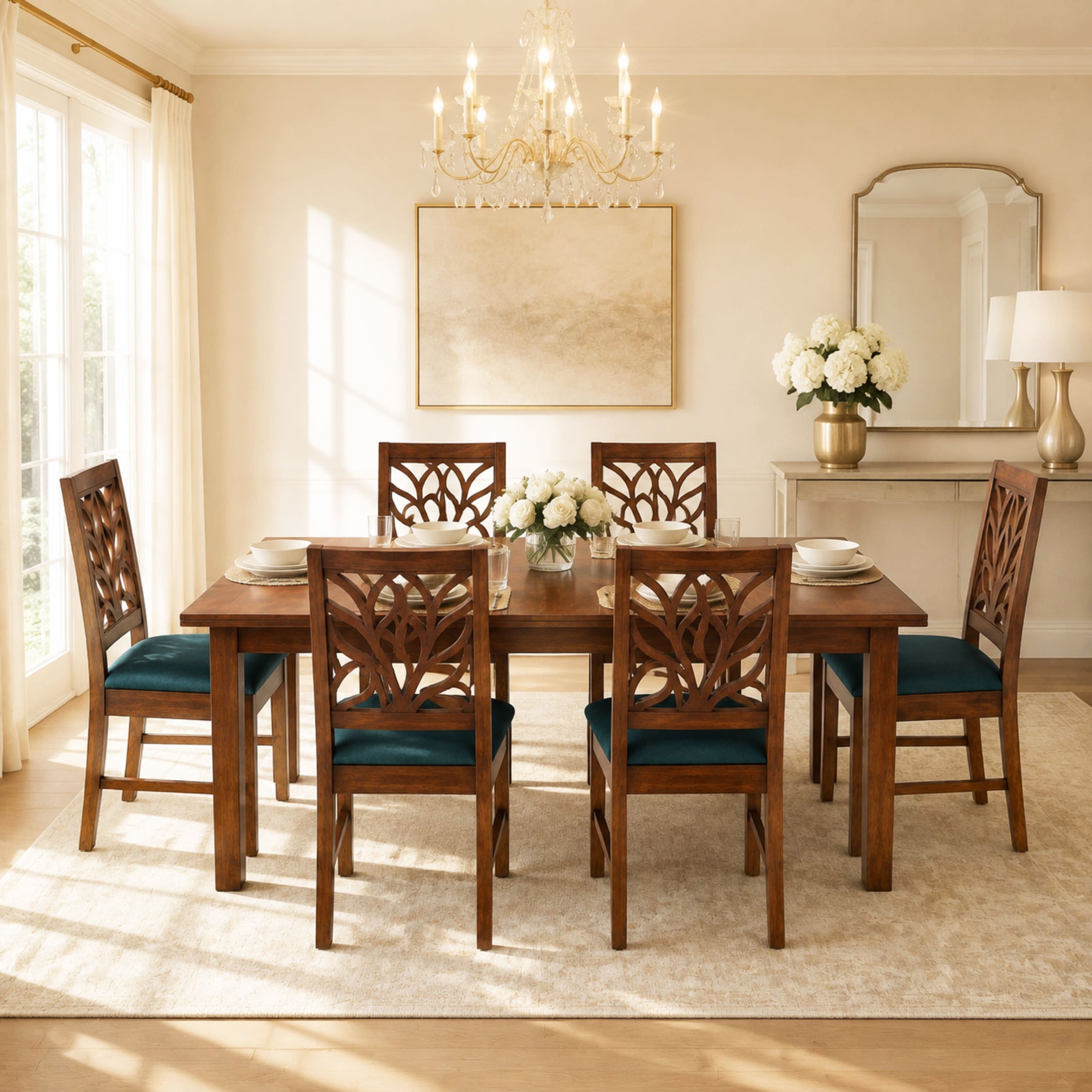 Globally Indian Ojasvi Solid Sheesham Wood 6 Seater Dining Table Set 6 Chairs Teal Blue