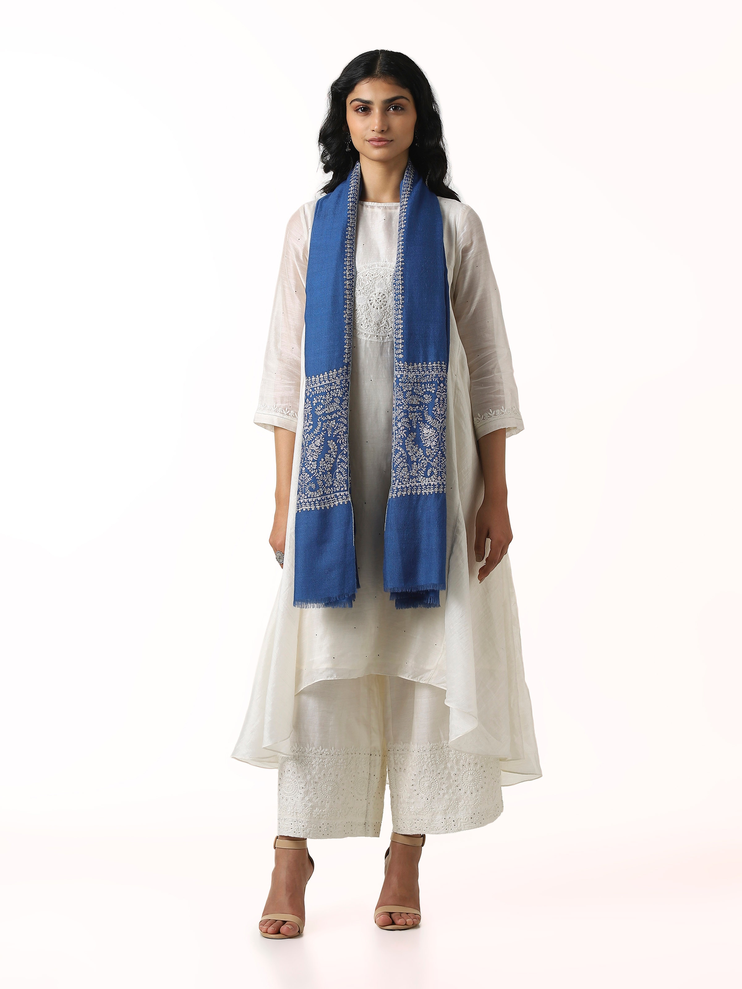 Front view of blue Palledar Sozni embroidered shawl with intricate hand embroidery