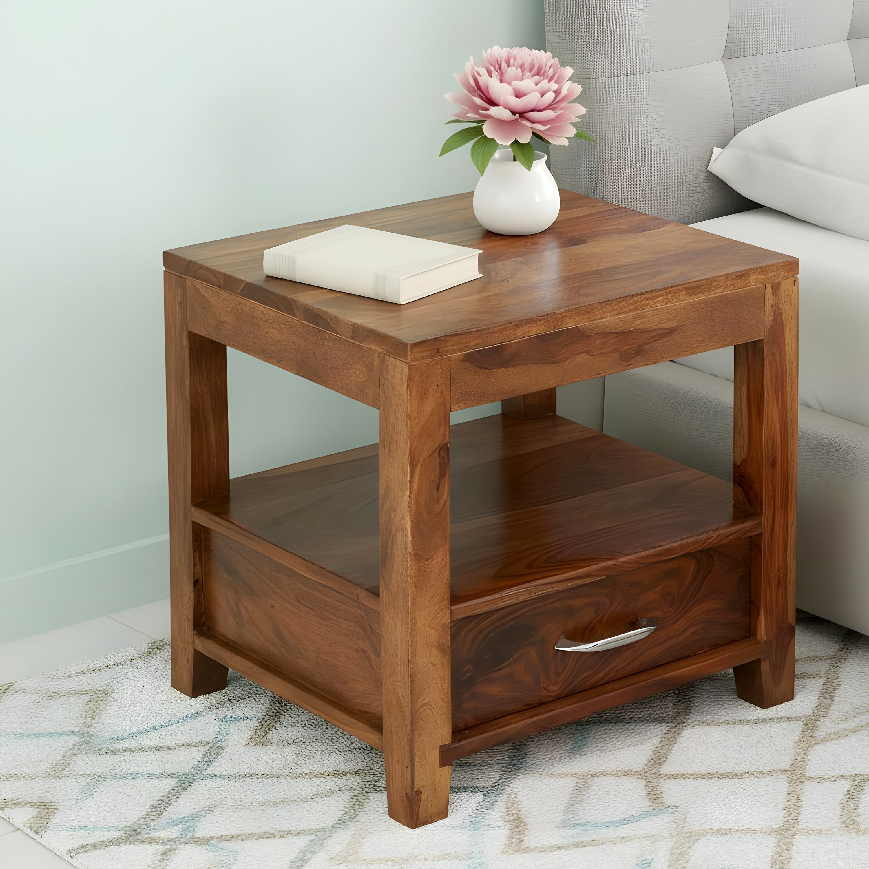 Kassel Sheesham Wood Contemporary Bedside Table End Table In Natural Teak Finish - Ikiriya