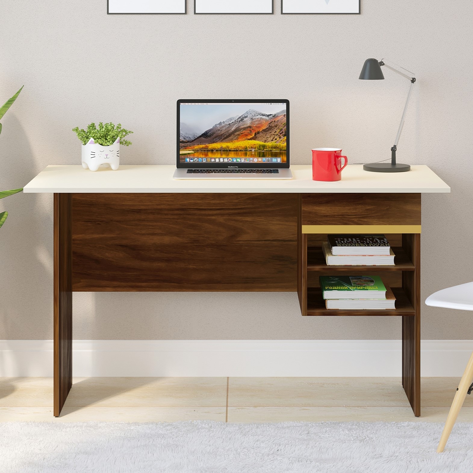 BLUEWUD Amalet Engineered Wood Study and Computer Laptop Table for Home or Office, WFH Desk, with Drawer Shelves Storage for Books for Adults Kids Students (Brown Maple with Gold Motif)