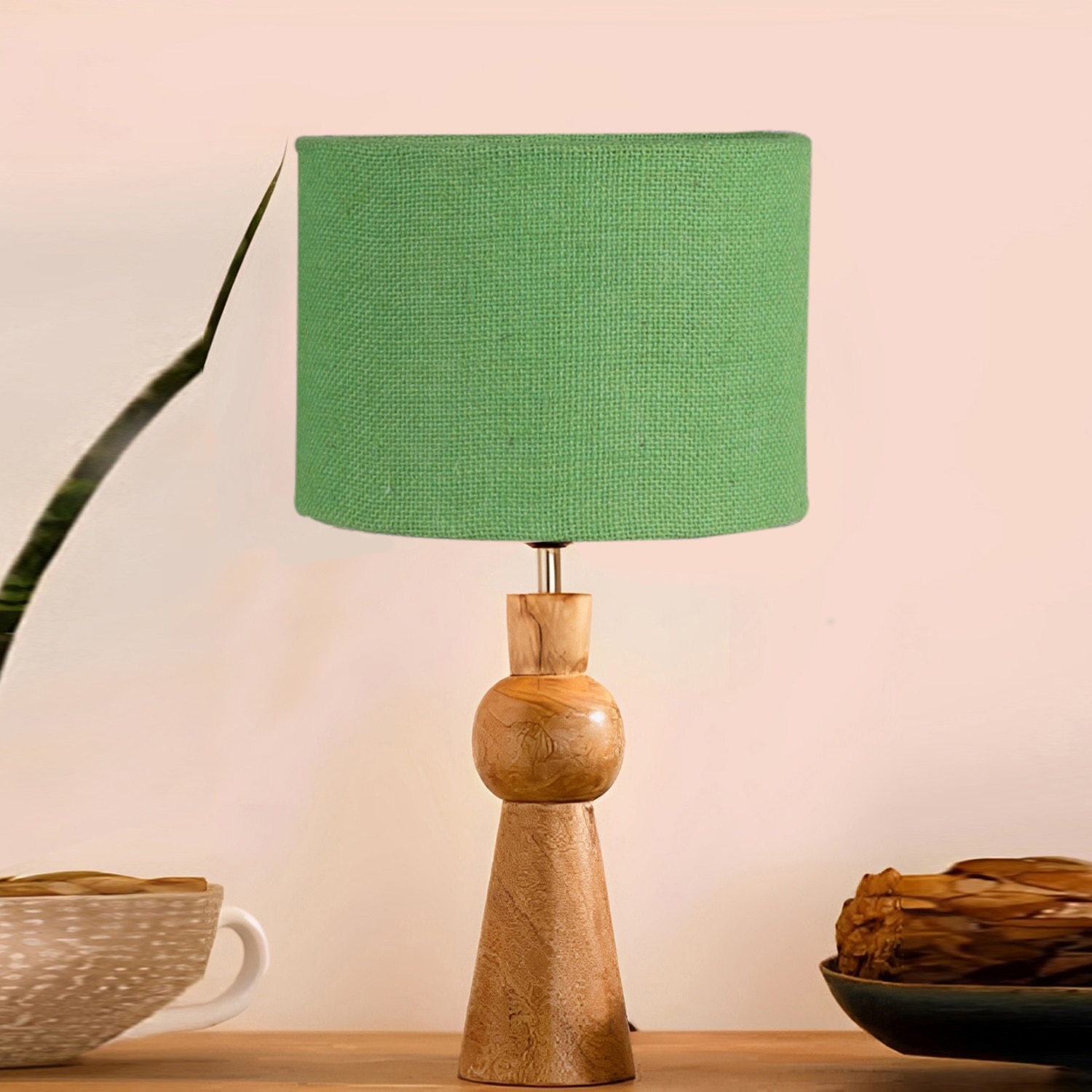 Devansh Green Jute  Table Lamp With  Wood Natural Base (7X18.25 Inches)-17