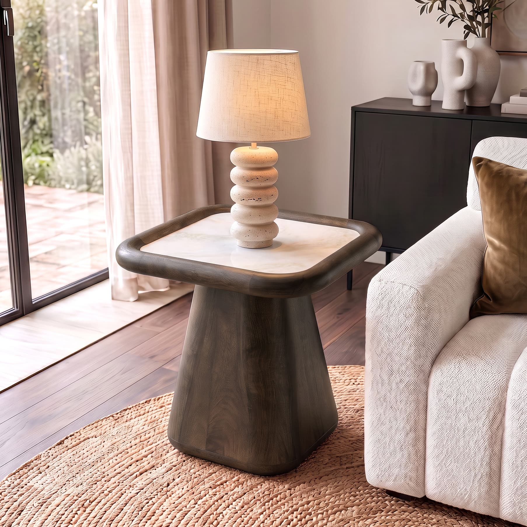 Lazo Solid Wood And Aravali Marble Side Table In Dark Chestnut Finish - Urban Ladder