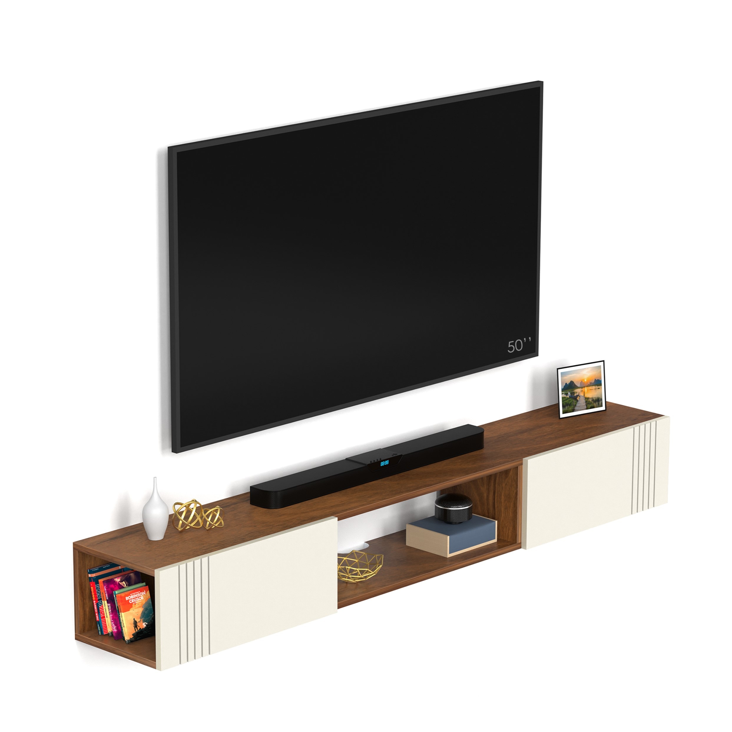 BLUEWUD Darien Engineering Wood Wall Mount TV Entertainment Unit Set Top Box Stand/TV Cabinet Panel with Shelves for Books & D�cor Display Unit Bed Living Room Upto 60 Inches (Brown Maple & White)