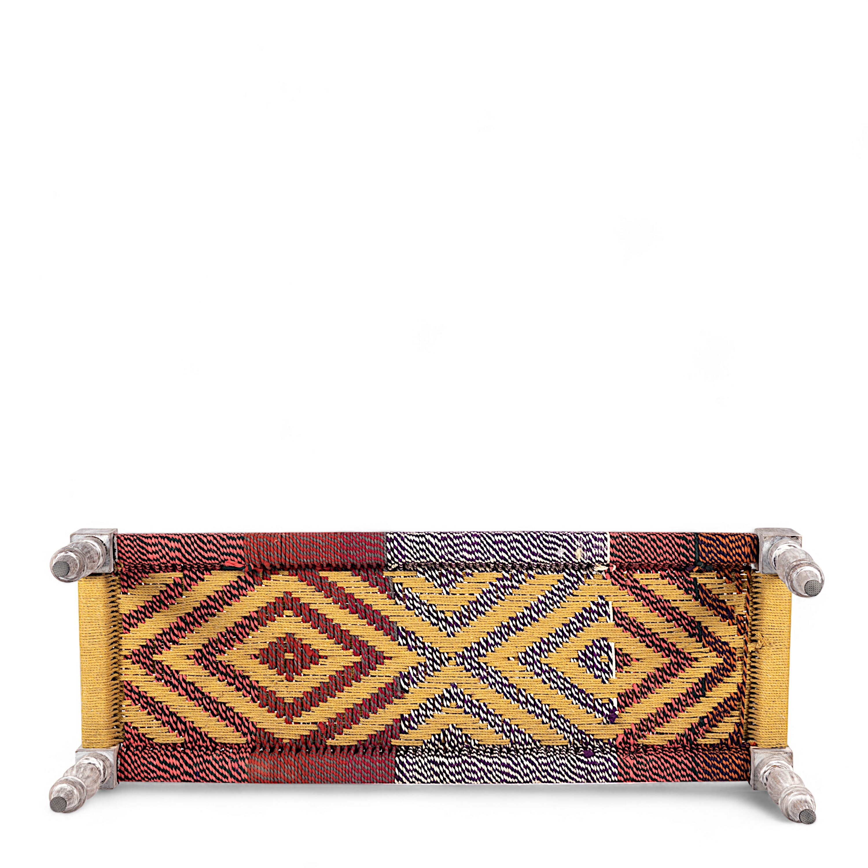 Hamilton Sheesham Wood 2 Seater Maachi Bench In Assorted Multi-Colour Chindi & Yellow Rope Canning