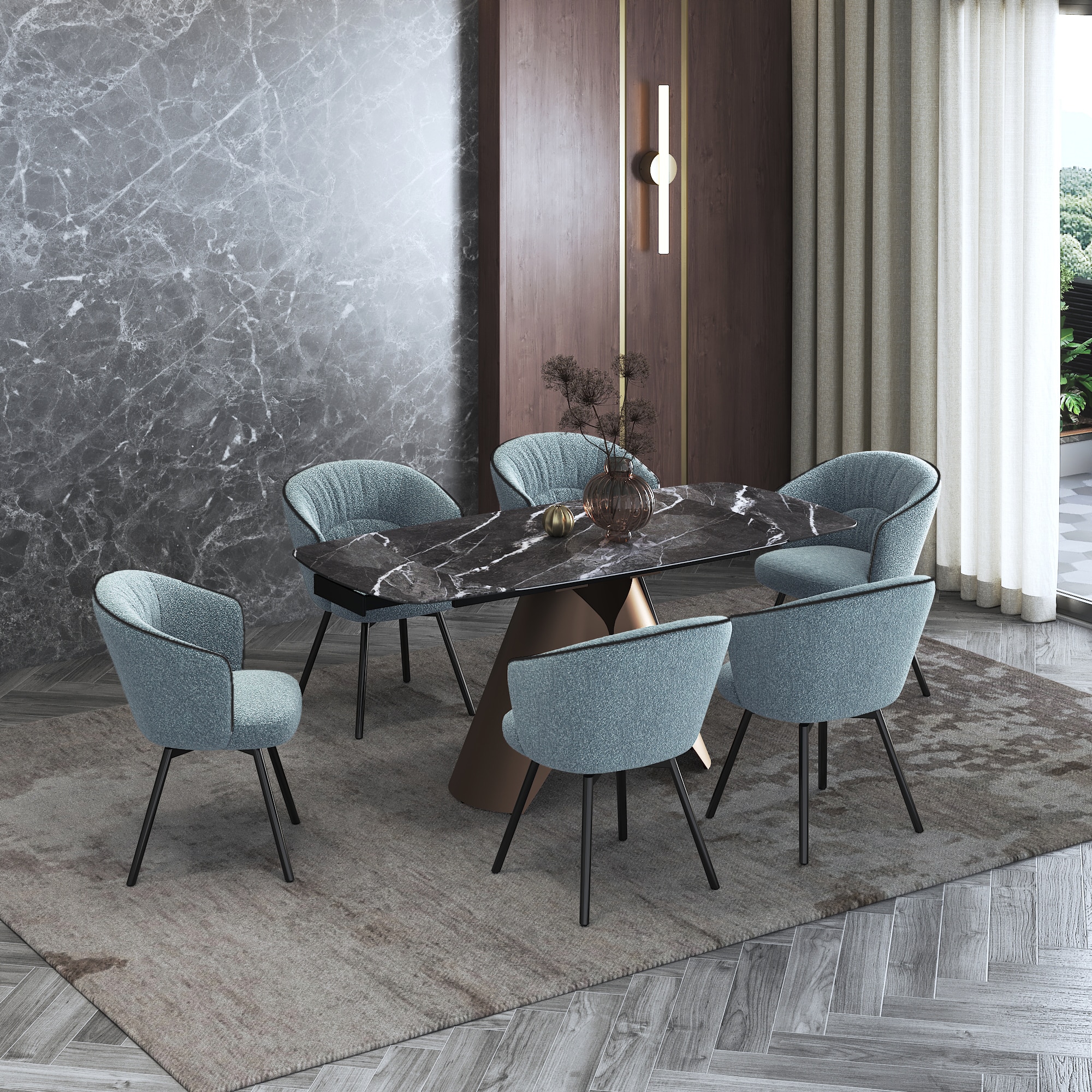 Aeris Ceramic 4 To 6 Seater Extendable Dining Table With 4 Calix Dining Chairs (Finish : Black Jade, Chair Colour : Powder Blue)