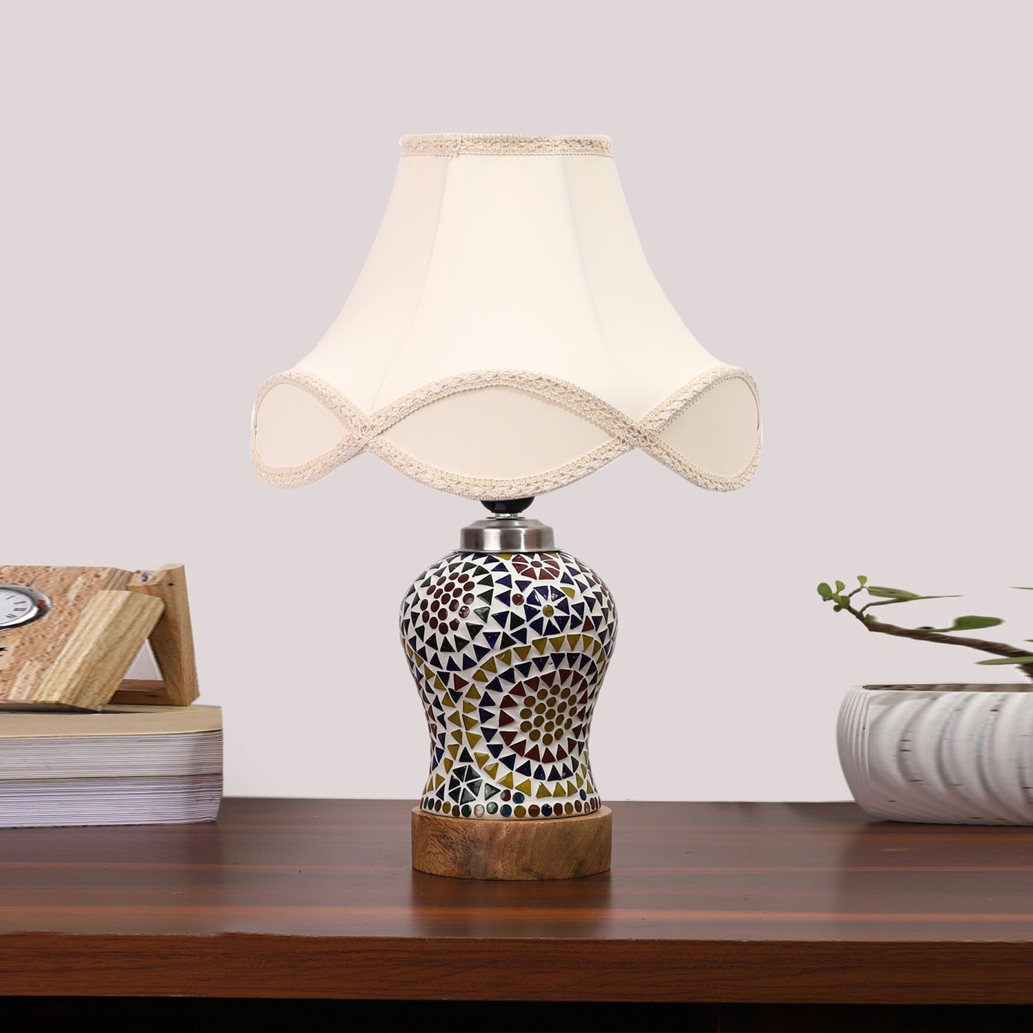 Devansh Off-White Vintage  Cotton Shade Lamp With Wood & Mosaic Glass Base For Decoration/Office/Home/Gifting/Study For Decoration/Office/Home/Gifting/Study - Devansh