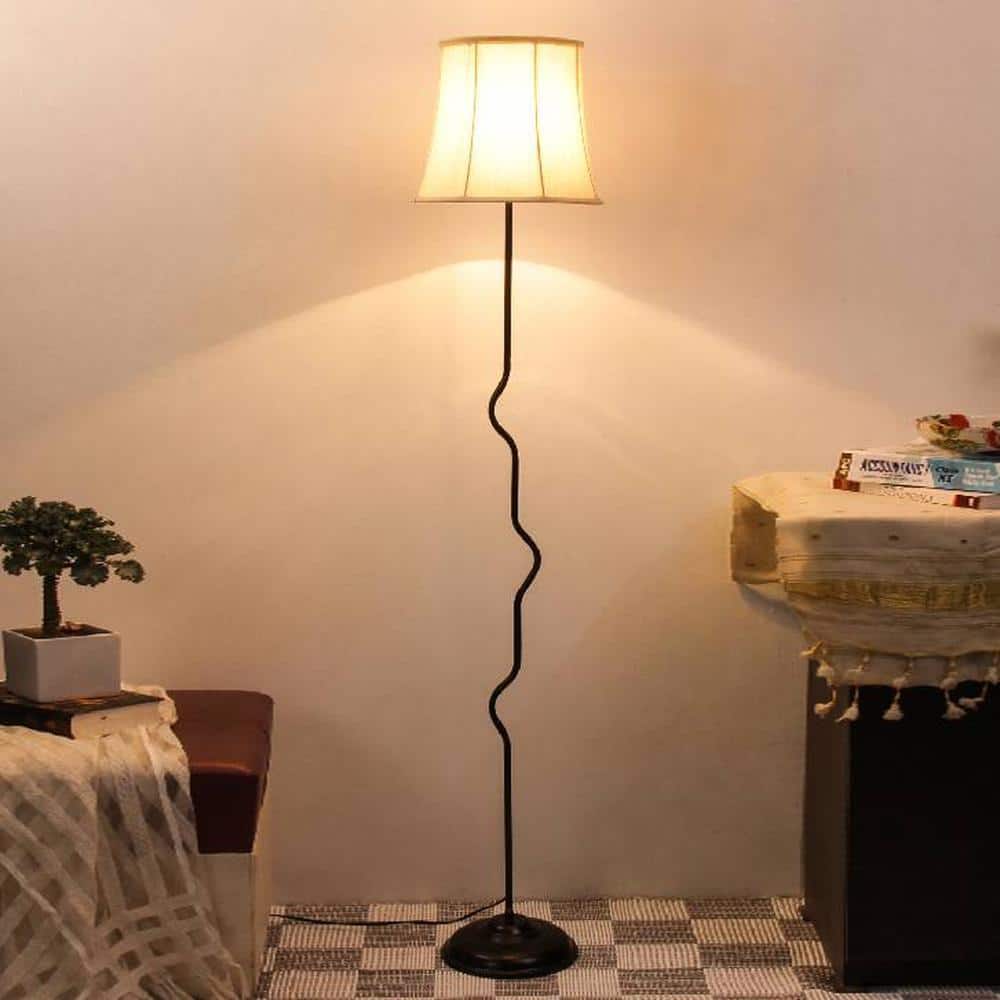 Flora Off White Fabric Floor Lamp with Black Iron Base