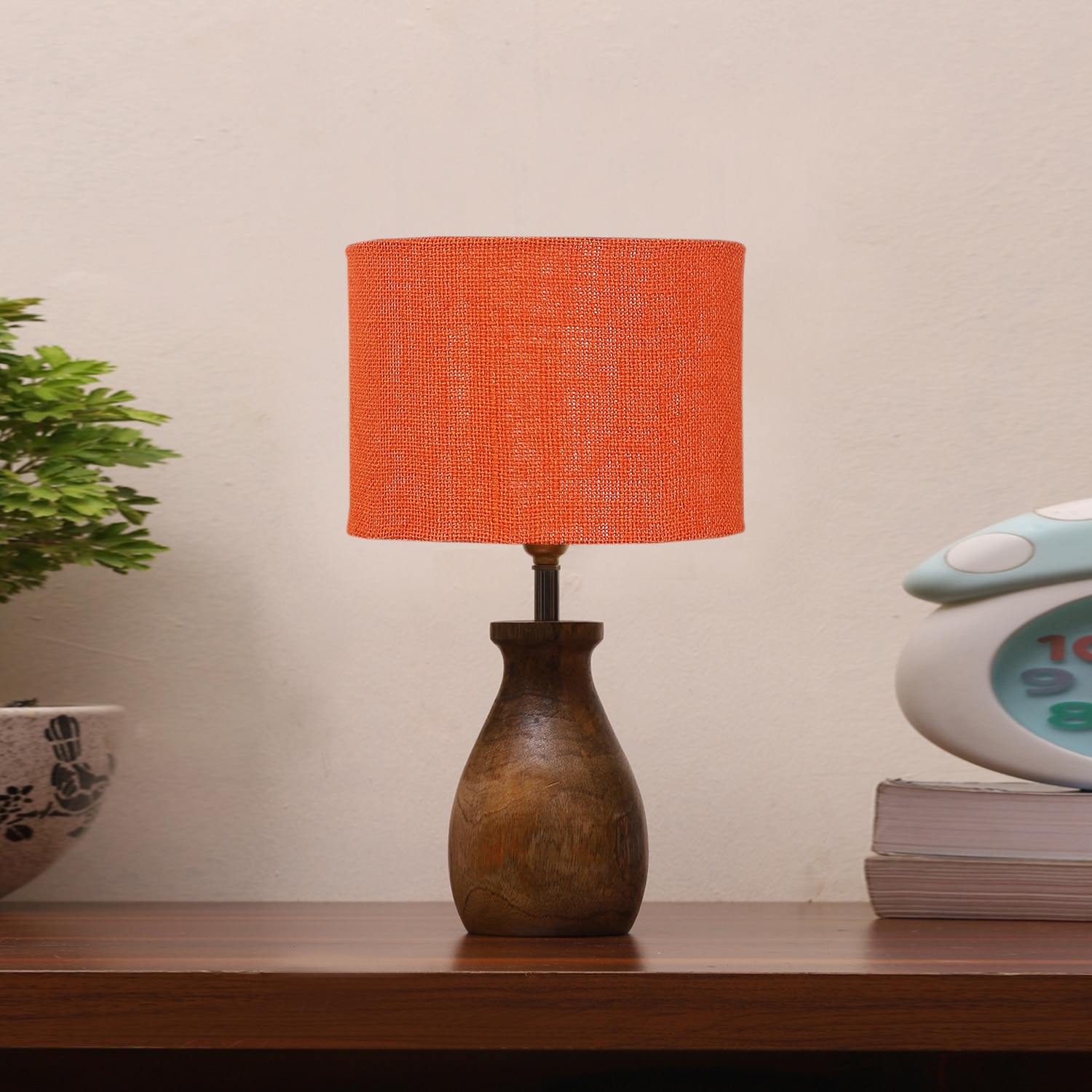 Devansh Orange Jute Table Lamp With Wood Natural Base (7X13 Inches)-19