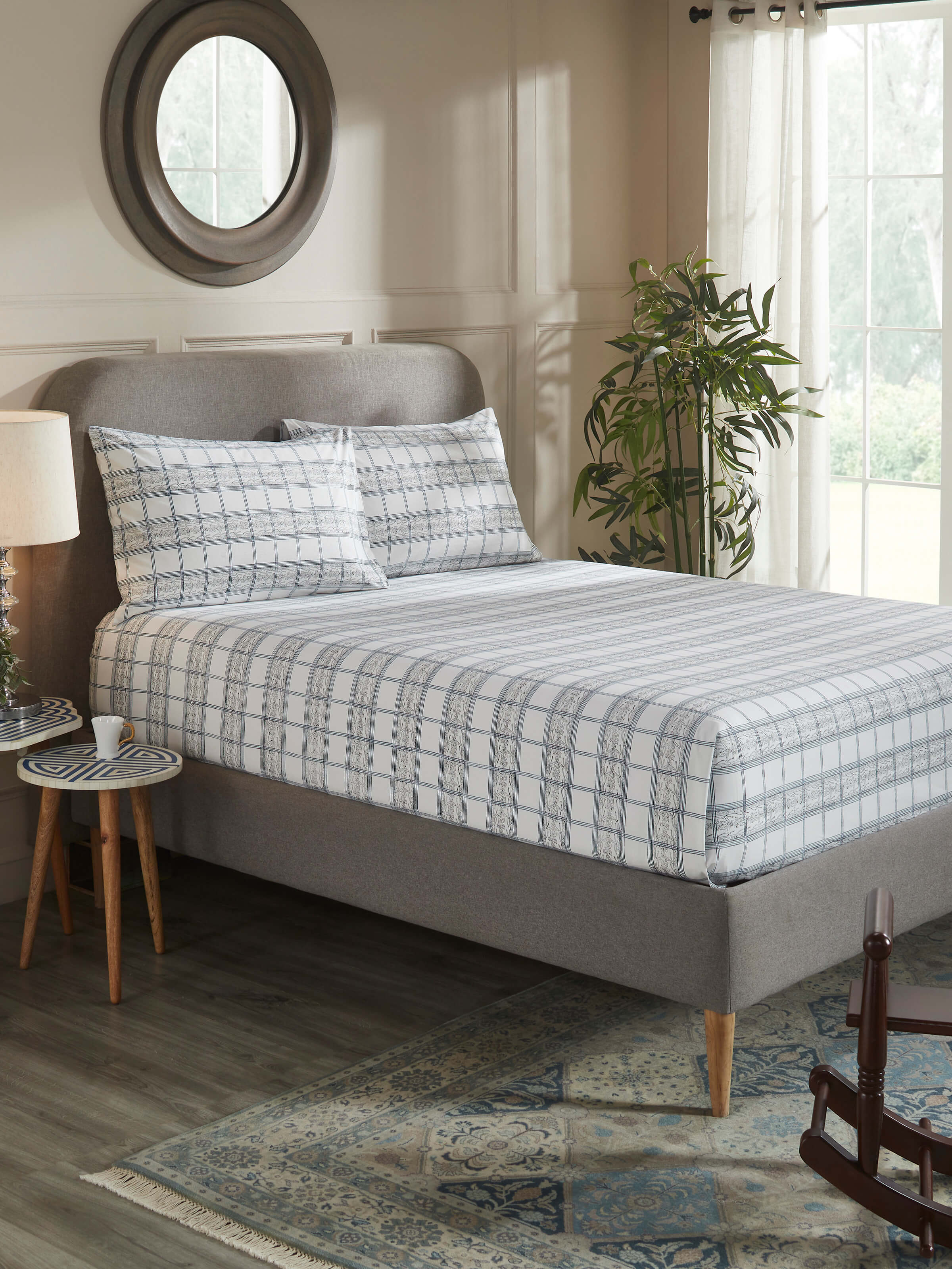 Orion Cotton Sanganeri Hand Block Print Checks Queen-size Bedsheet Set