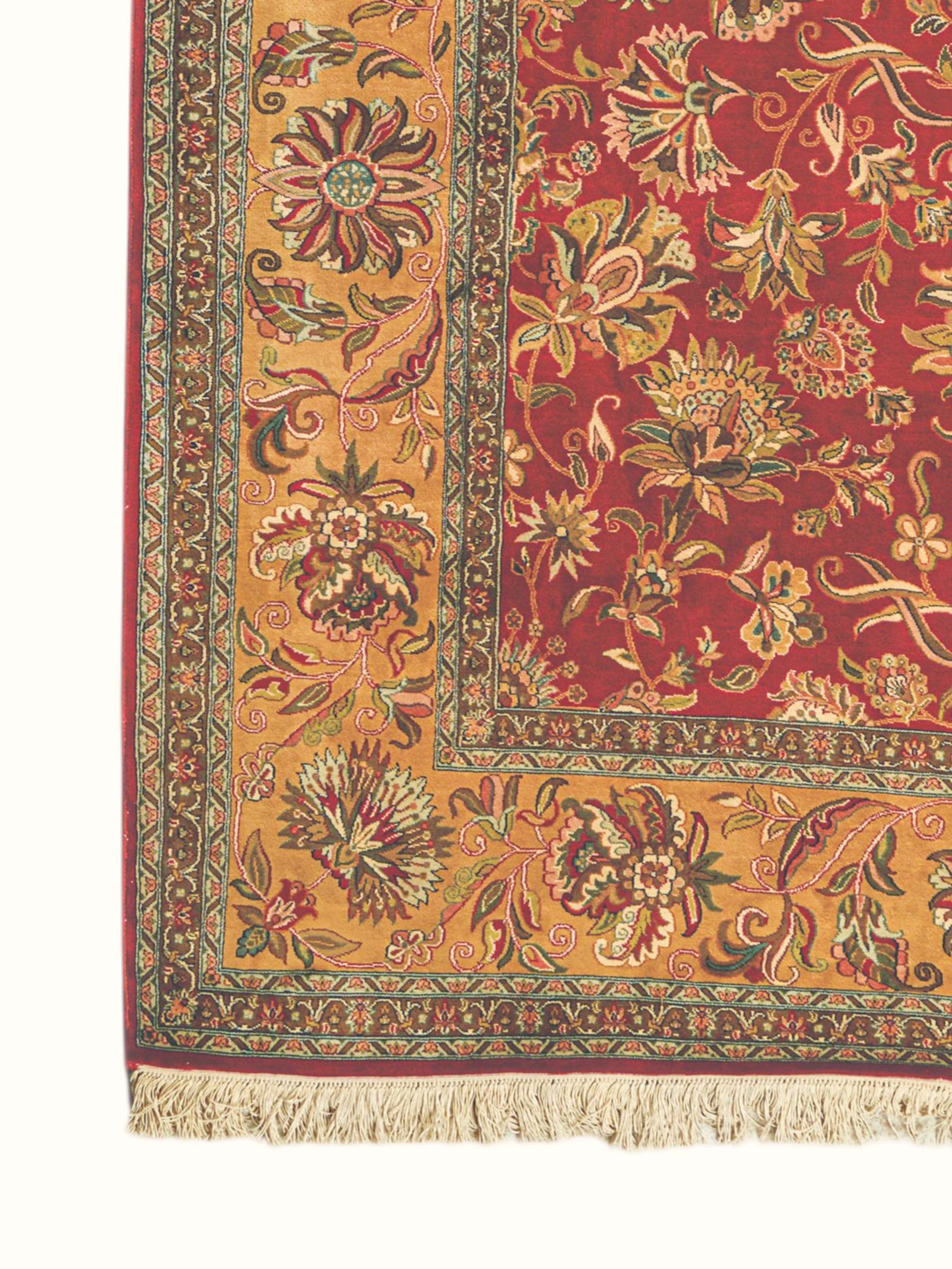 Traditional Persian Red Gold Kashan Kashmir Silk Hand-Knotted Carpet