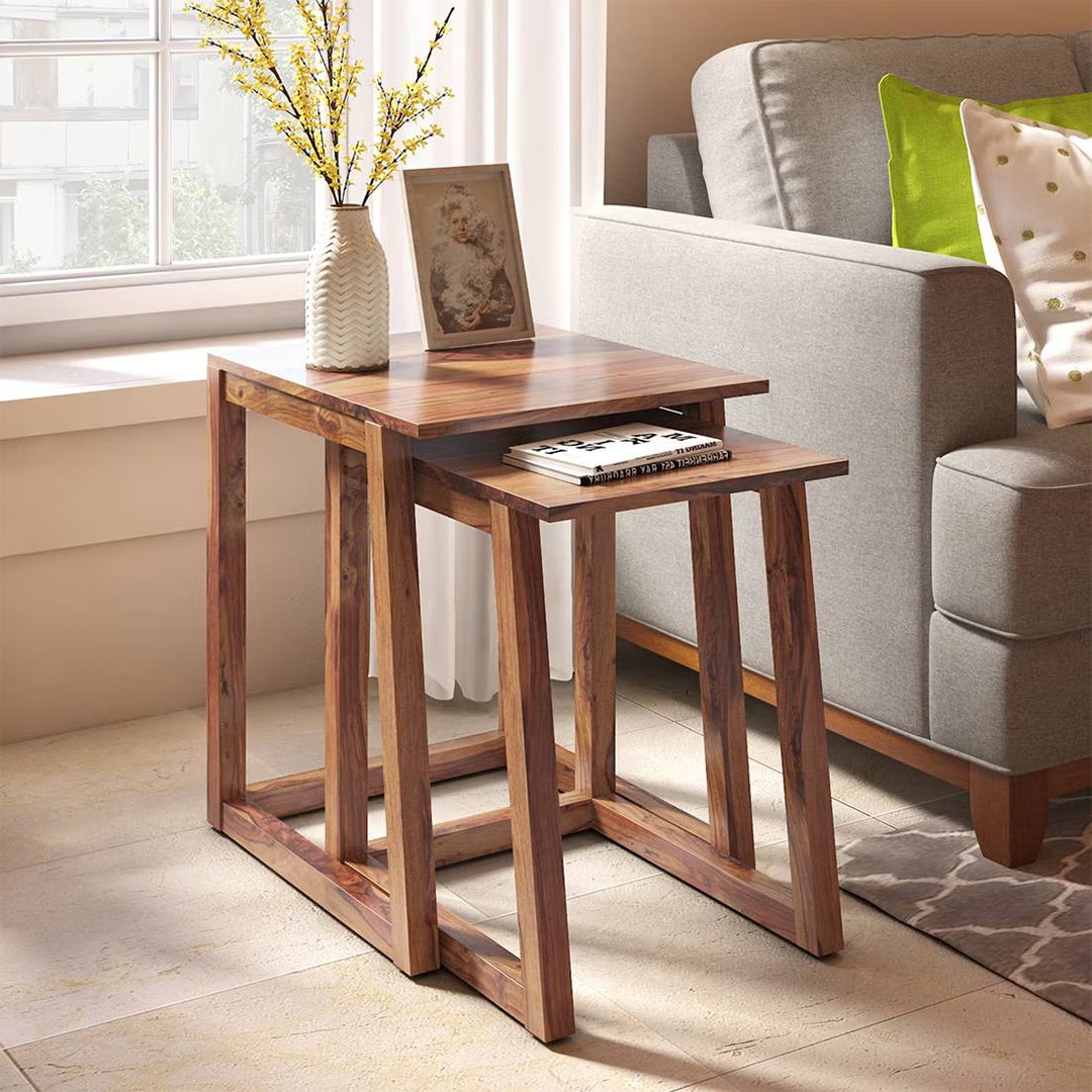 Silvino Solid Wood Nested Side Table in Teak Finish
