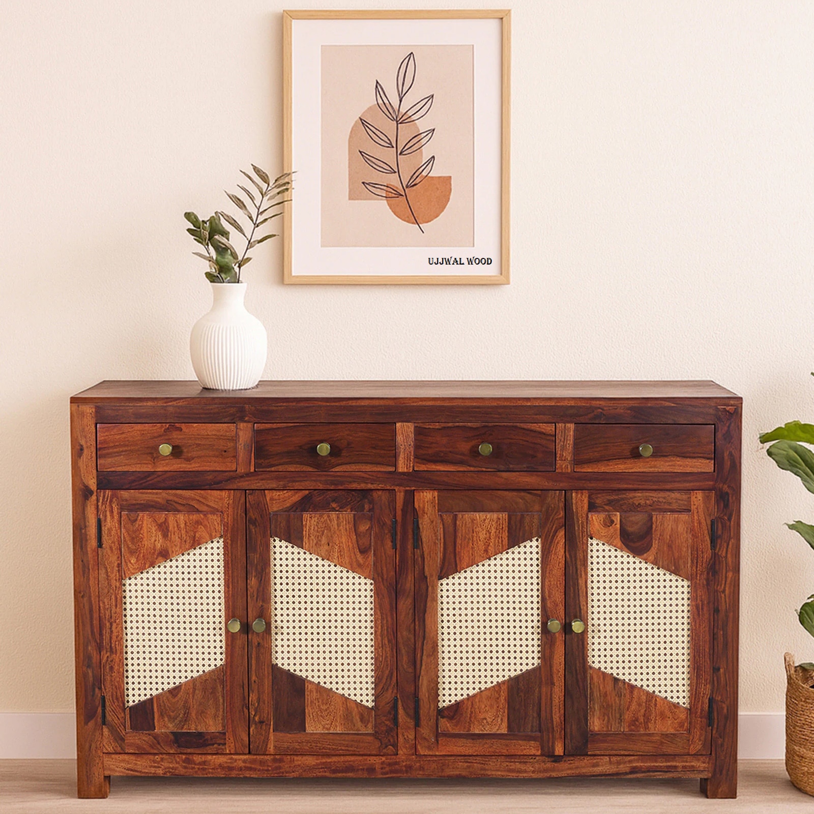 Sheesham Wood 4 Door 4 Drawer Sideboard in Honey Oak Finish - Ujjwal Wood