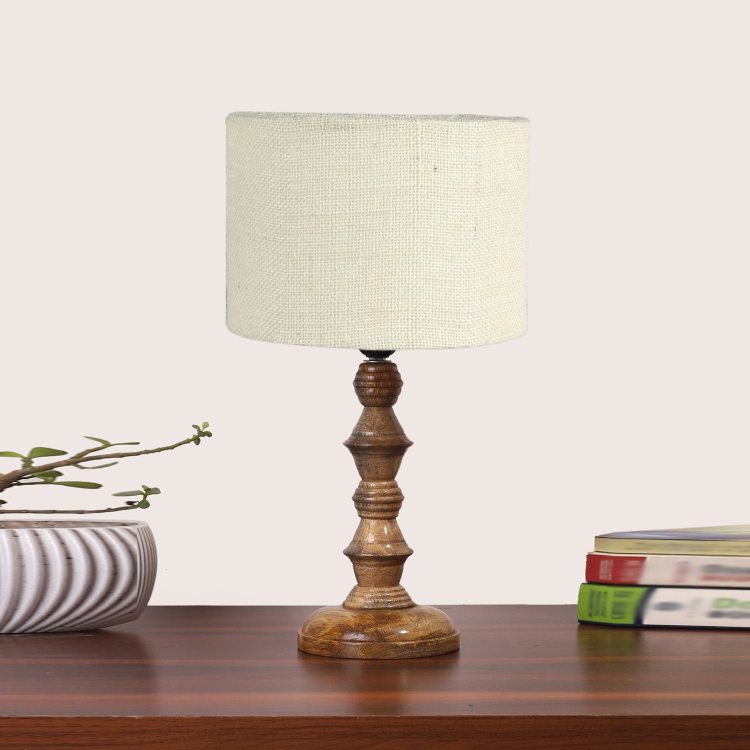 Devansh White Jute Table Lamp With  Wood Natural Base (7X7X15.5 Inches)-10