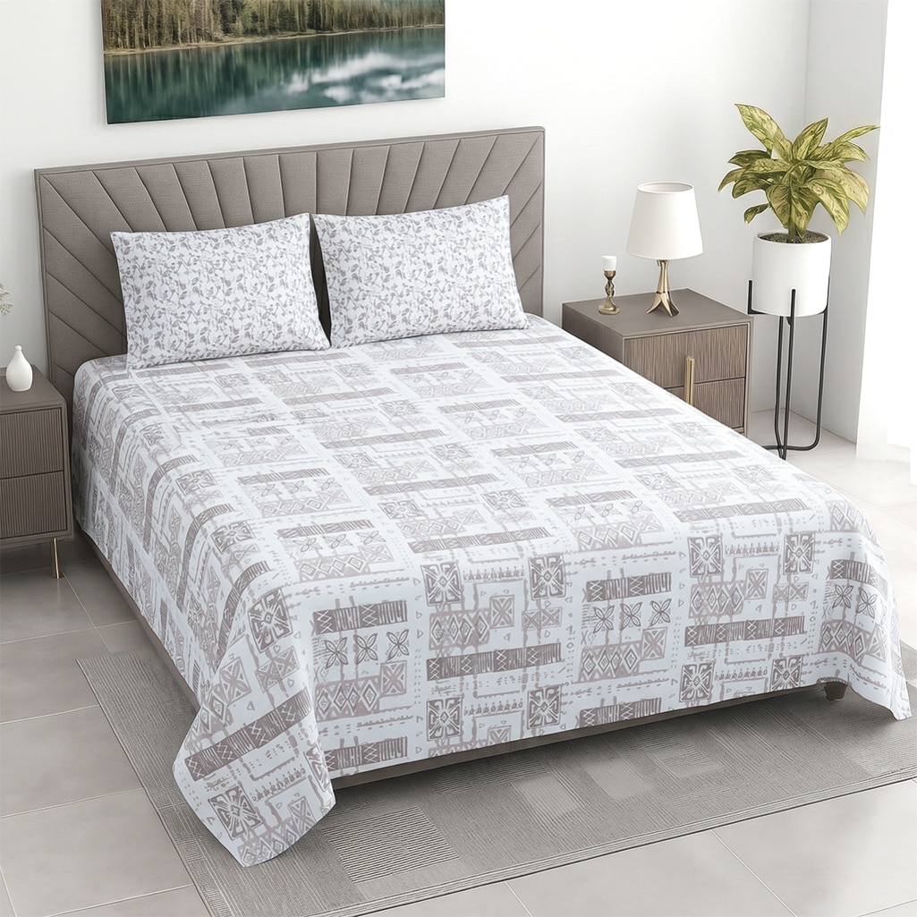 White Abstract 400 Tc Cotton Flat Super King Size Bedsheet With 2 Pillow Cover - Threads