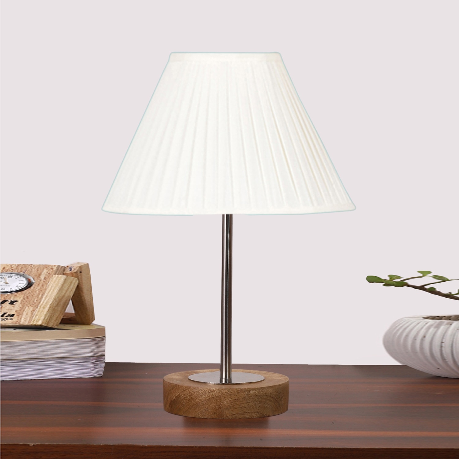 Devansh Off-White Cotton Vintage  Lamp With Natural  Wood Base  & Steel Pipe (12X17.75)