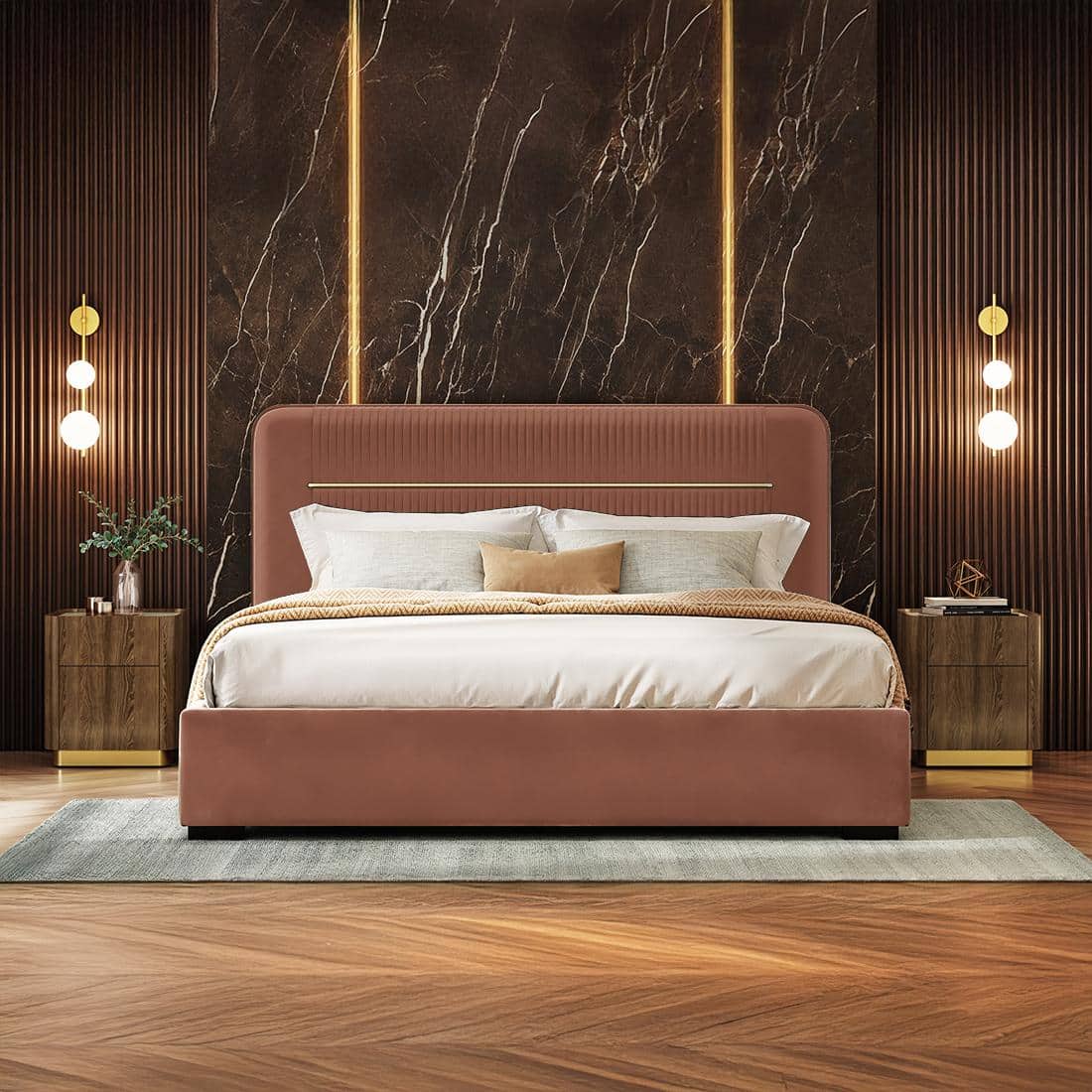 Milan Engineered Wood King Size Bed with Hydraulic Storage in Mocha Mouse Velvet Colour