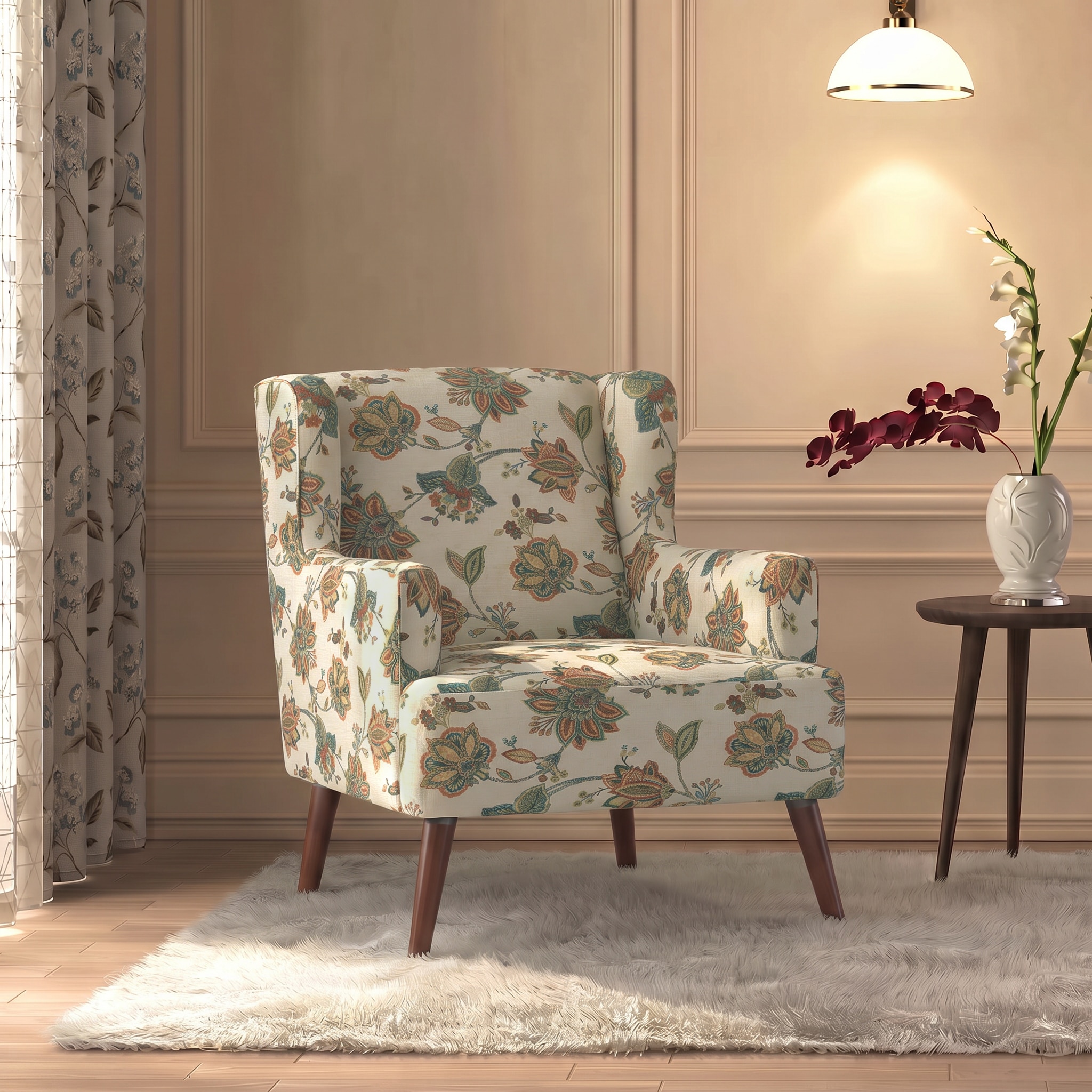 Brando Fabric Arm Chair in Rustic Palmette Floral Colour - Urban Ladder