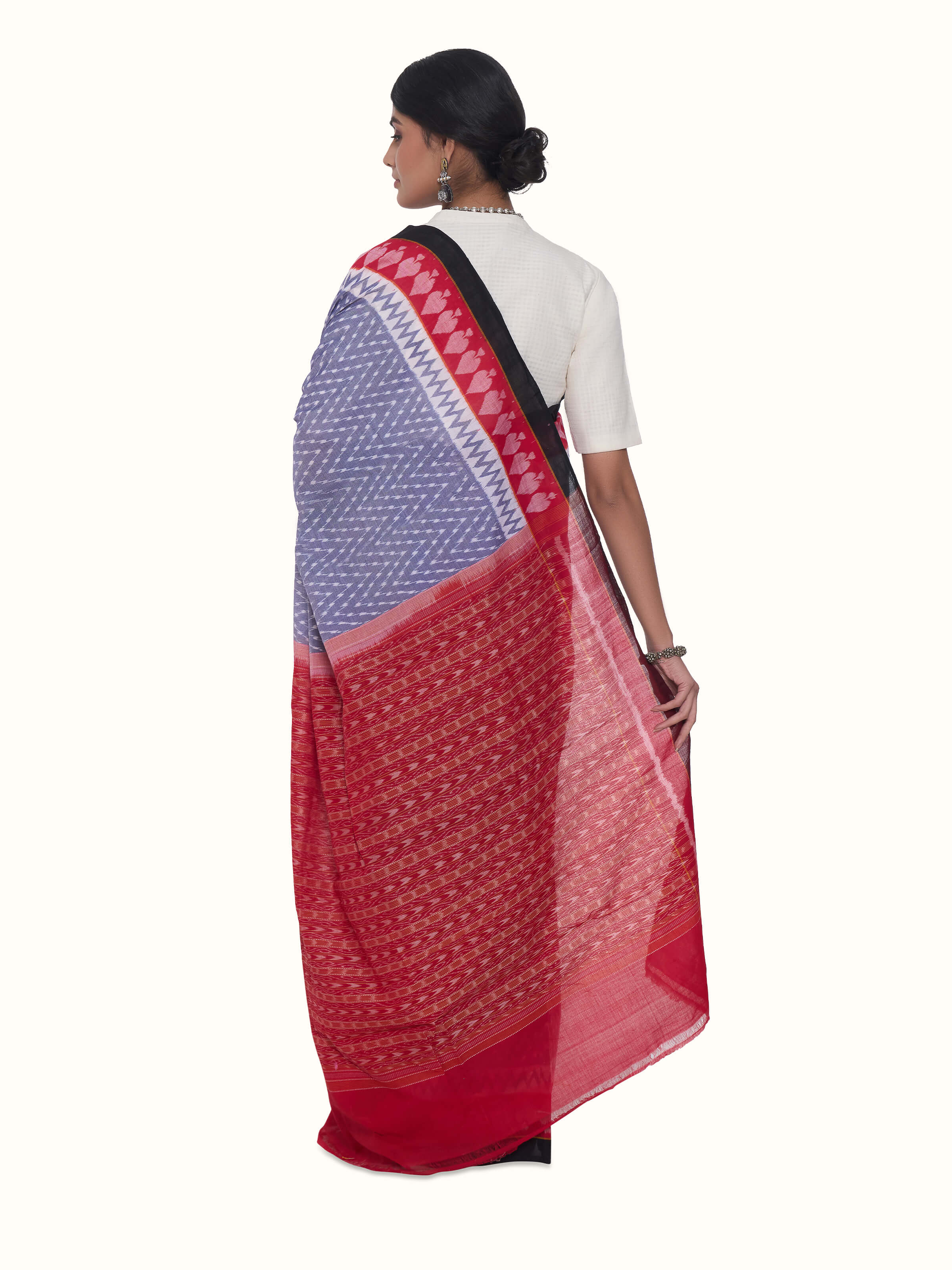 Back view of grey cotton bandha Odisha ikat saree displaying full design