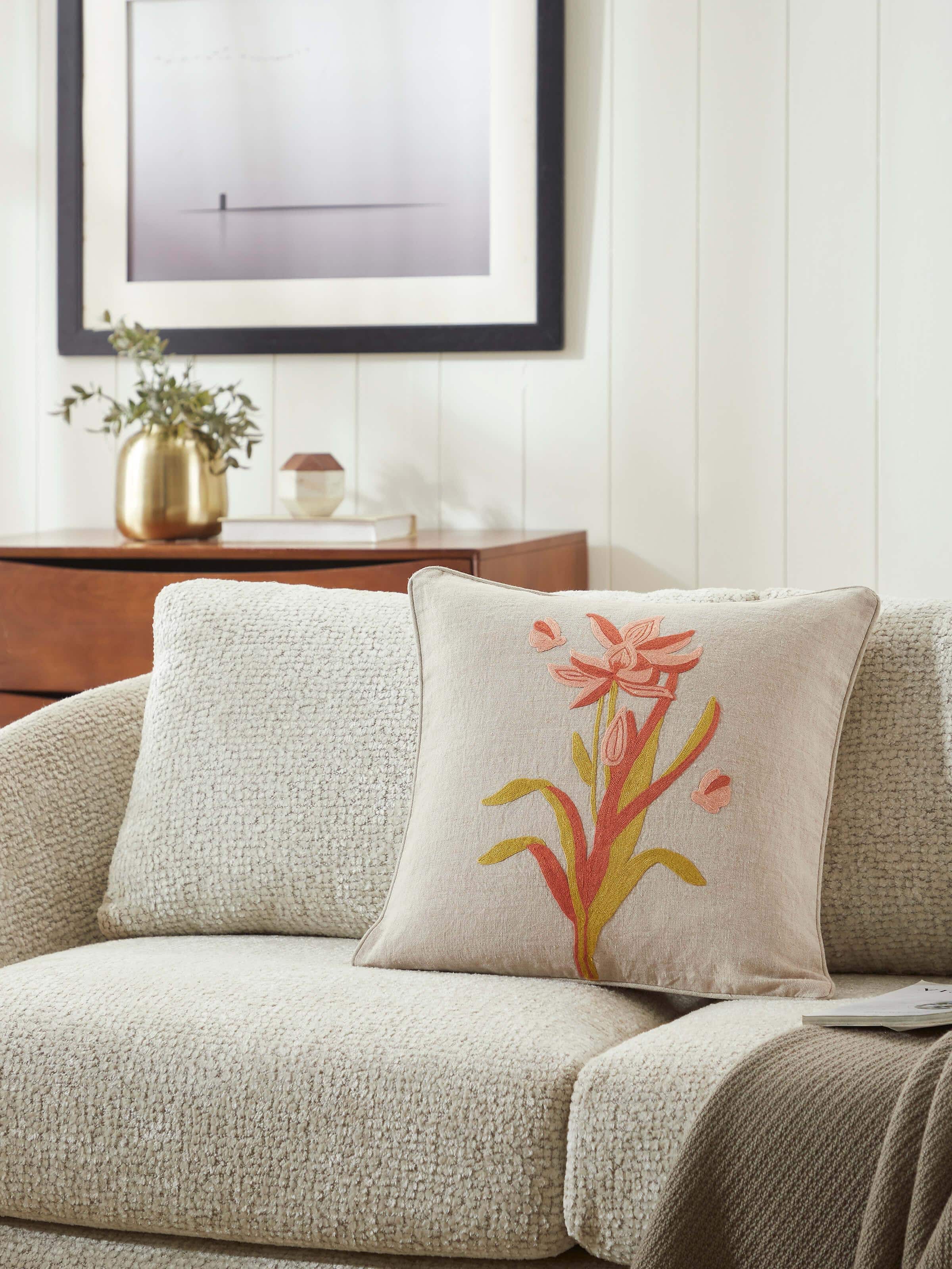 Mansur Peach Tulip Linen Kashmir Chain Stitch Hand Embroidery Cushion Cover