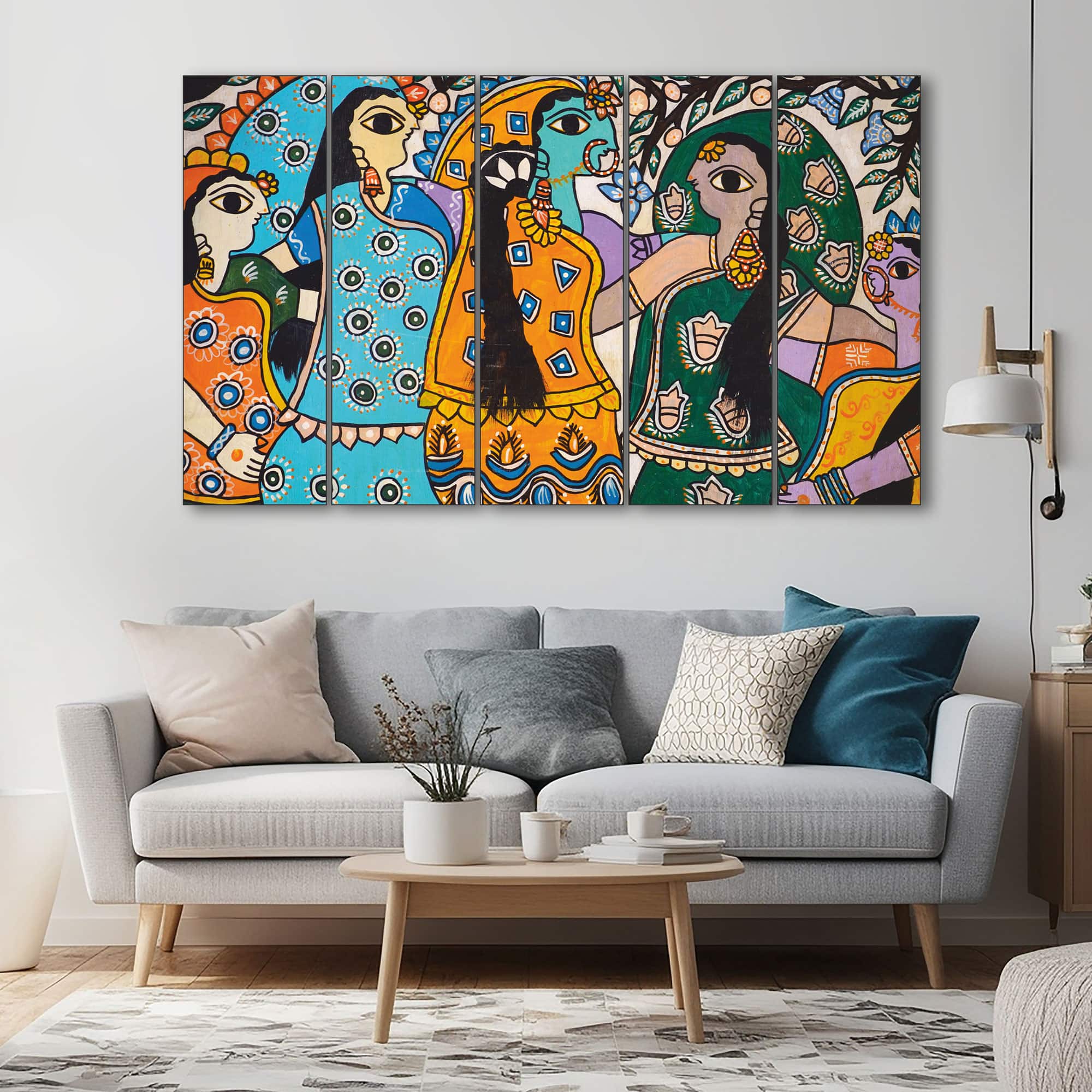 The Castle Decor Madhubani Mithila Wall Art Set of 5 27x48 Inch - The Castle Decor