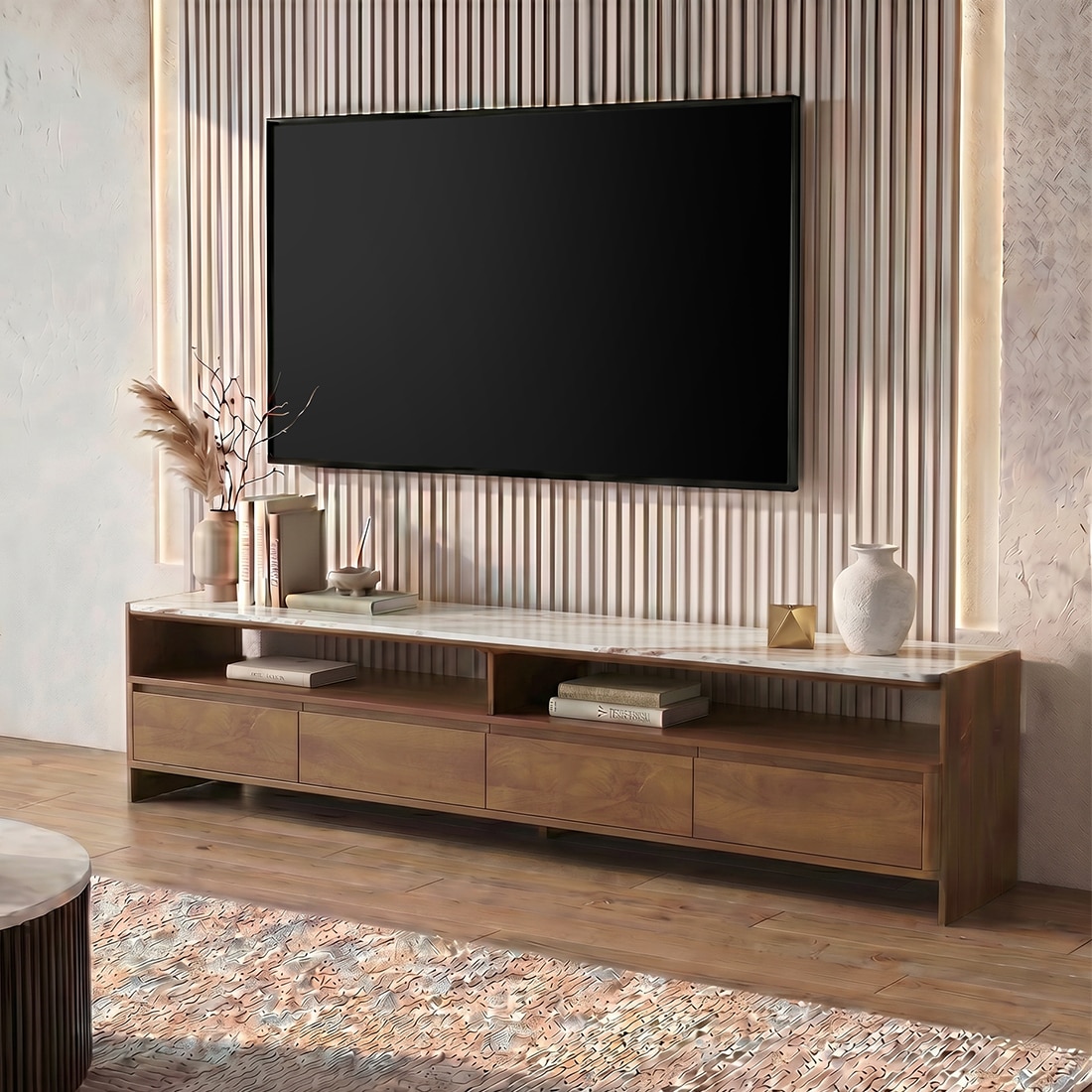 Tavo Solid Wood and Toronto TV Unit In Antique Amber Finish - Urban Ladder