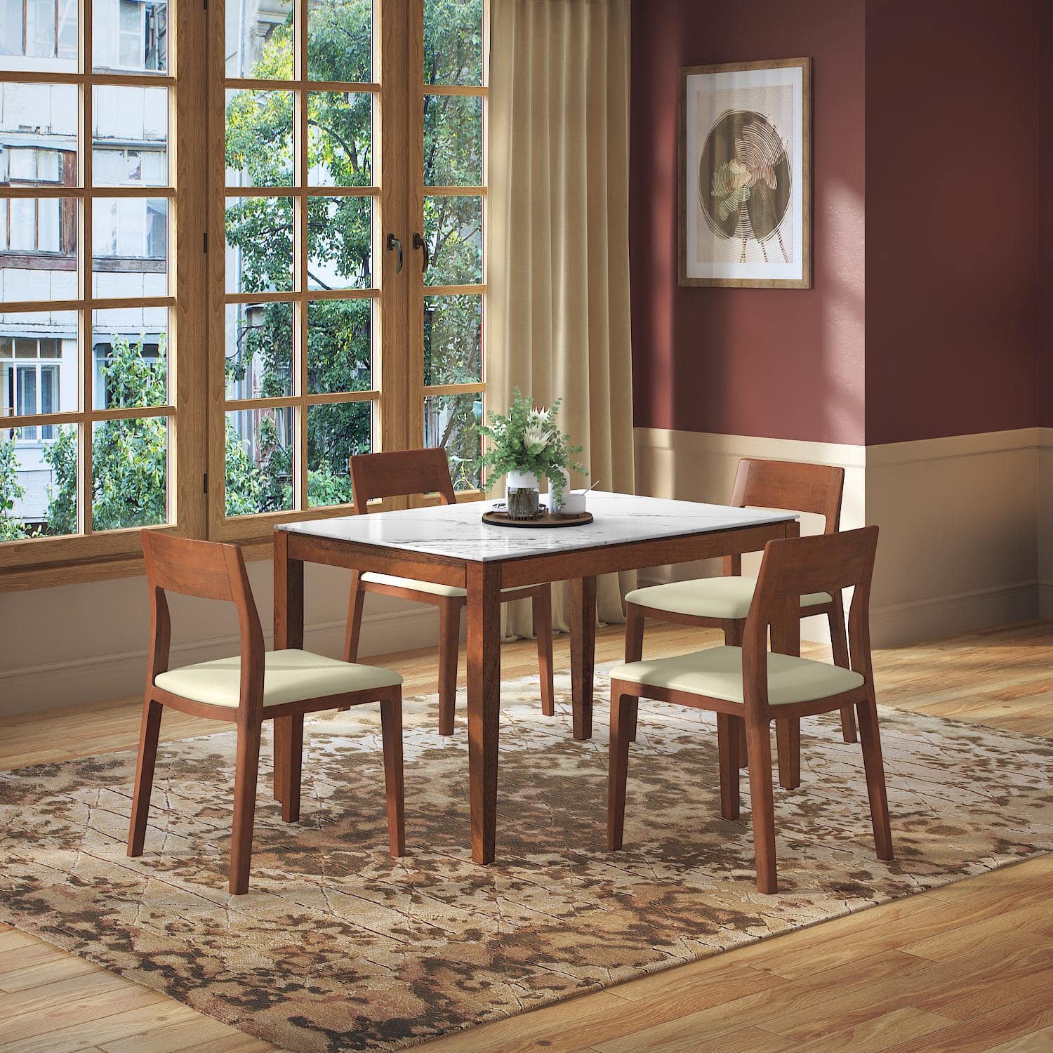 Emry Rectangular Statuario Ceramic 4 Seater Dining Table In Honey Finish