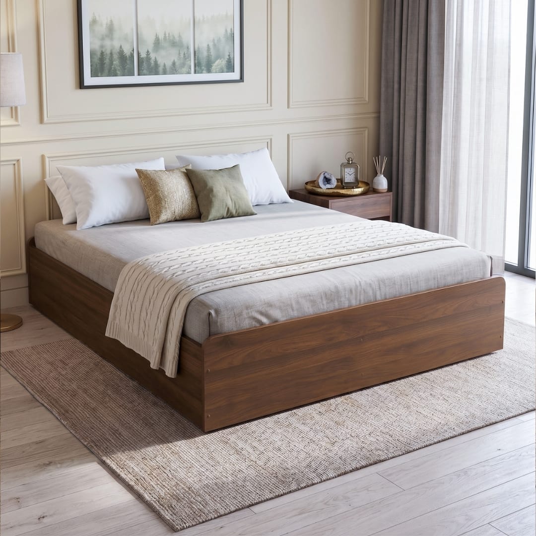 Morvix Wood Queen Bed With Box Storage Base Platform Columbian Walnut Brown