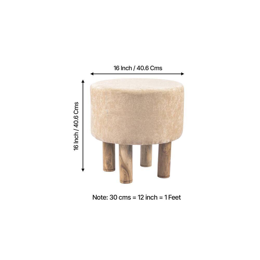 Morgan Solid Wood Pouf Stool in Ivory Sparkle Velvet Fabric