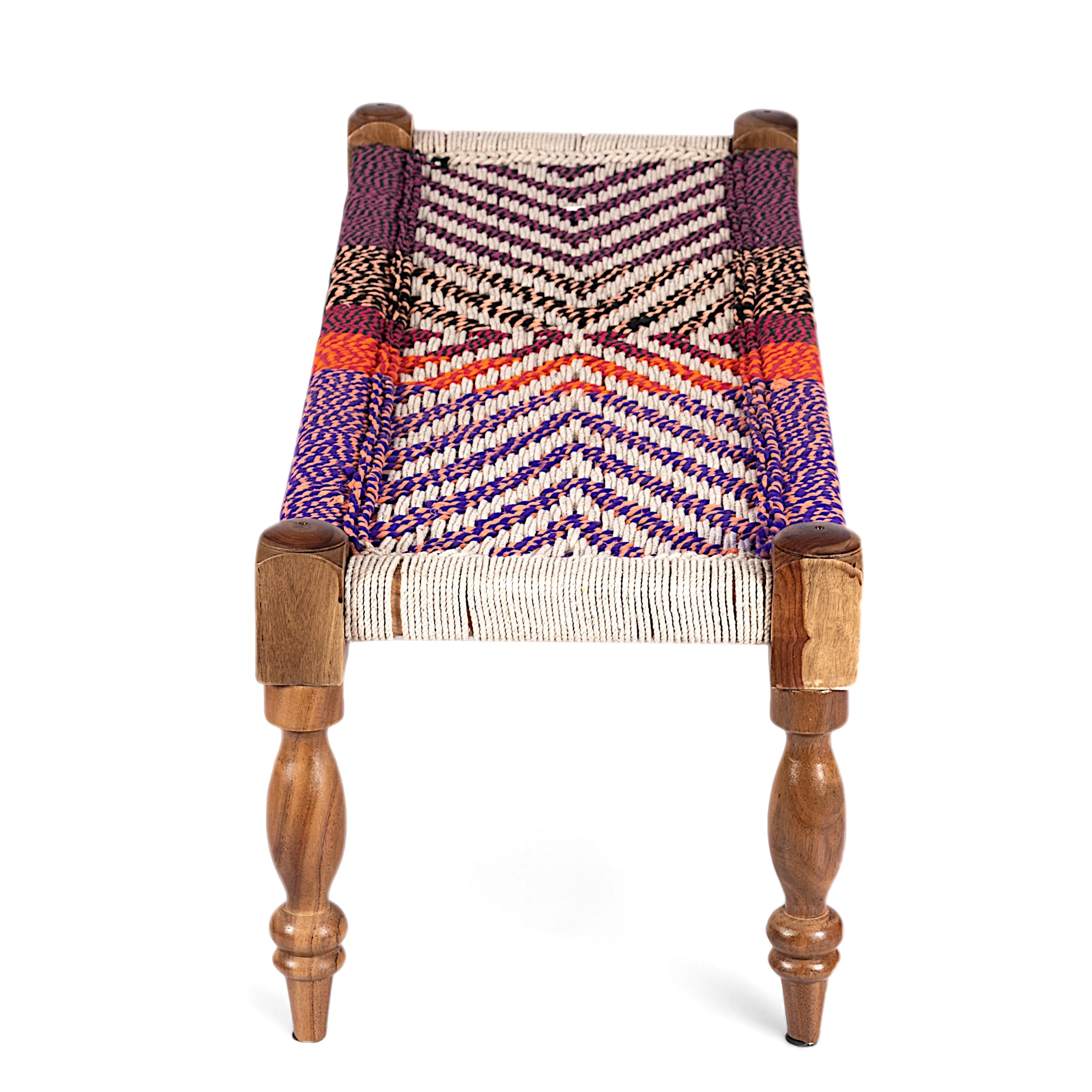 Hamilton Sheesham Wood 2 Seater Maachi Bench In Assorted Multi-Colour Chindi & White Rope Canning