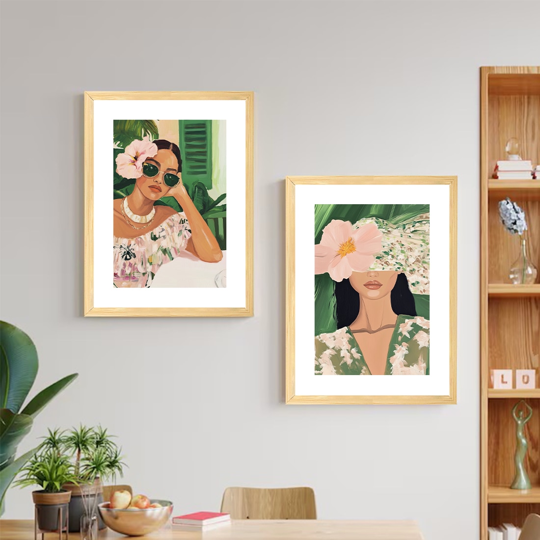 Boho Women Portrait Green and Pink Set of 2 Framed Posters 45x60 cm - Art Street