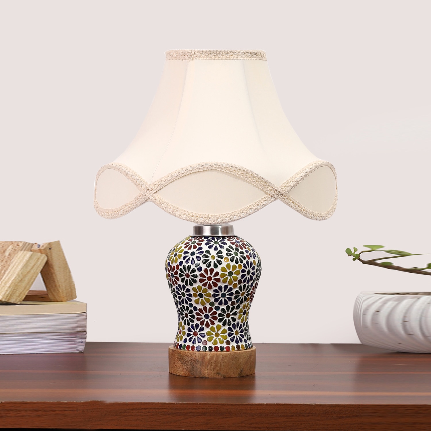Devansh Off-White Vintage  Cotton Shade Lamp With Wood & Mosaic Glass Base For Decoration/Office/Home/Gifting/Study For Decoration/Office/Home/Gifting/Study - Devansh