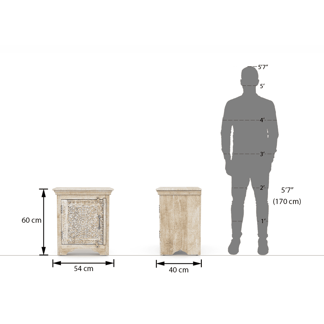 Anokhi Solid Wood Bedside Table In Rustic White Finish