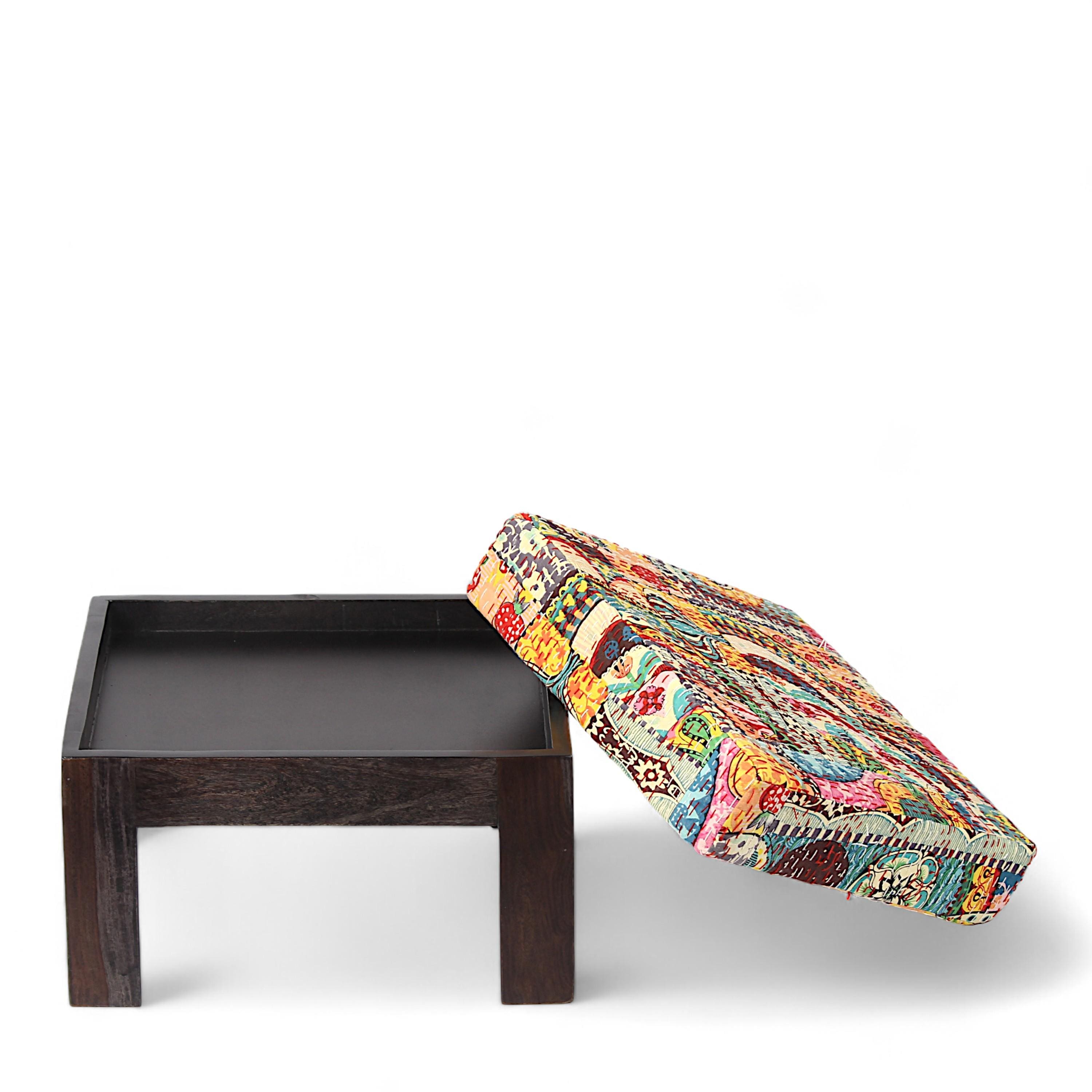 Irish Sheesham Wood Coffee Table With 2 Stools Set In Mahogany Finish & Multi Colour Israel Print Kantha Fabric Cushions