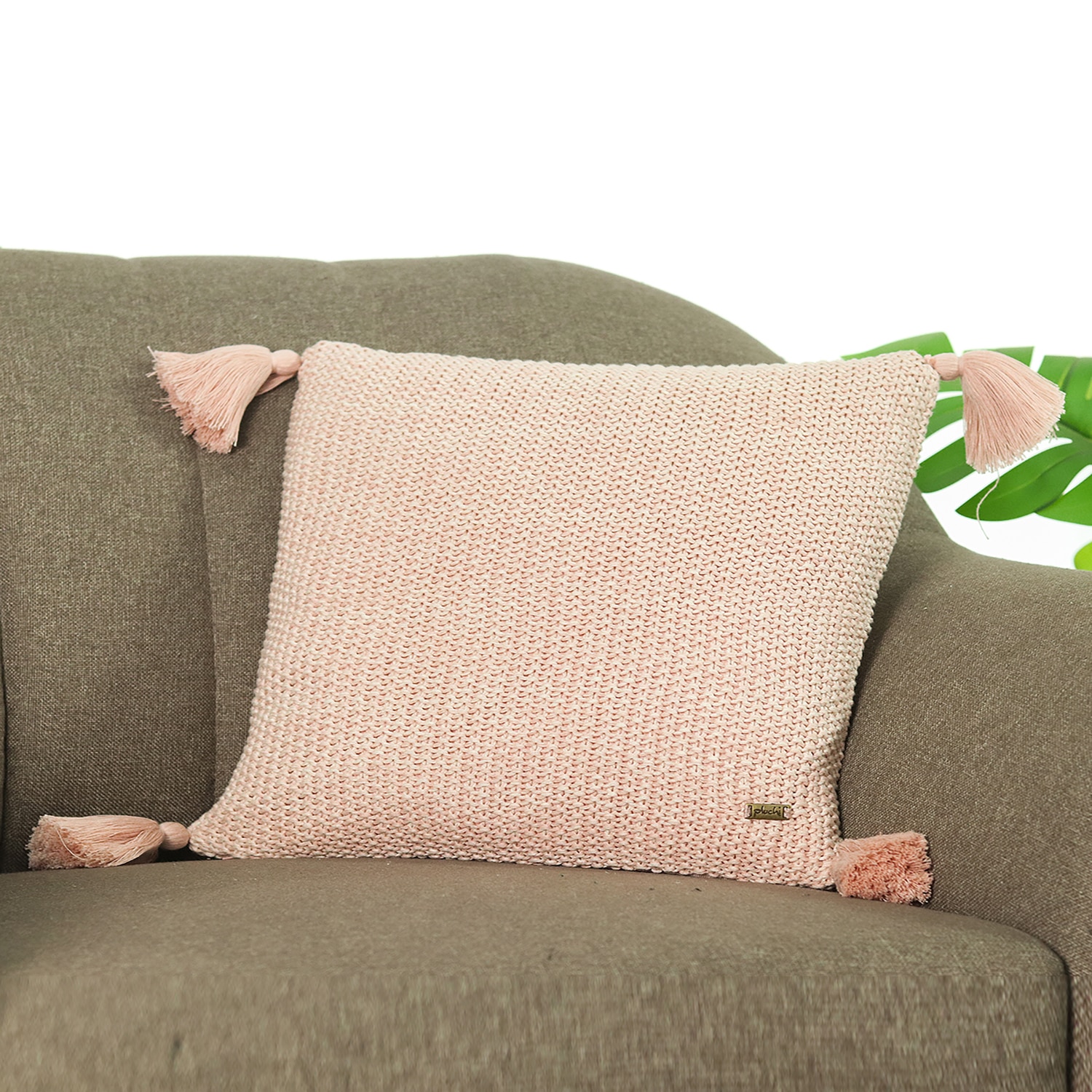 Moss Knit Pearl Pink Natural Cushion Cover 16X16  Inches - Pluchi