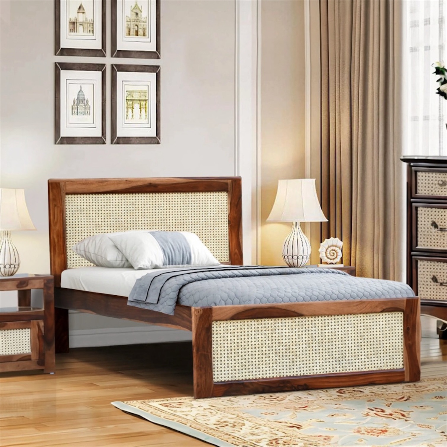 Karen Solid Wood Single Size Upholstered Bed Without Storage (Rustic Finish)