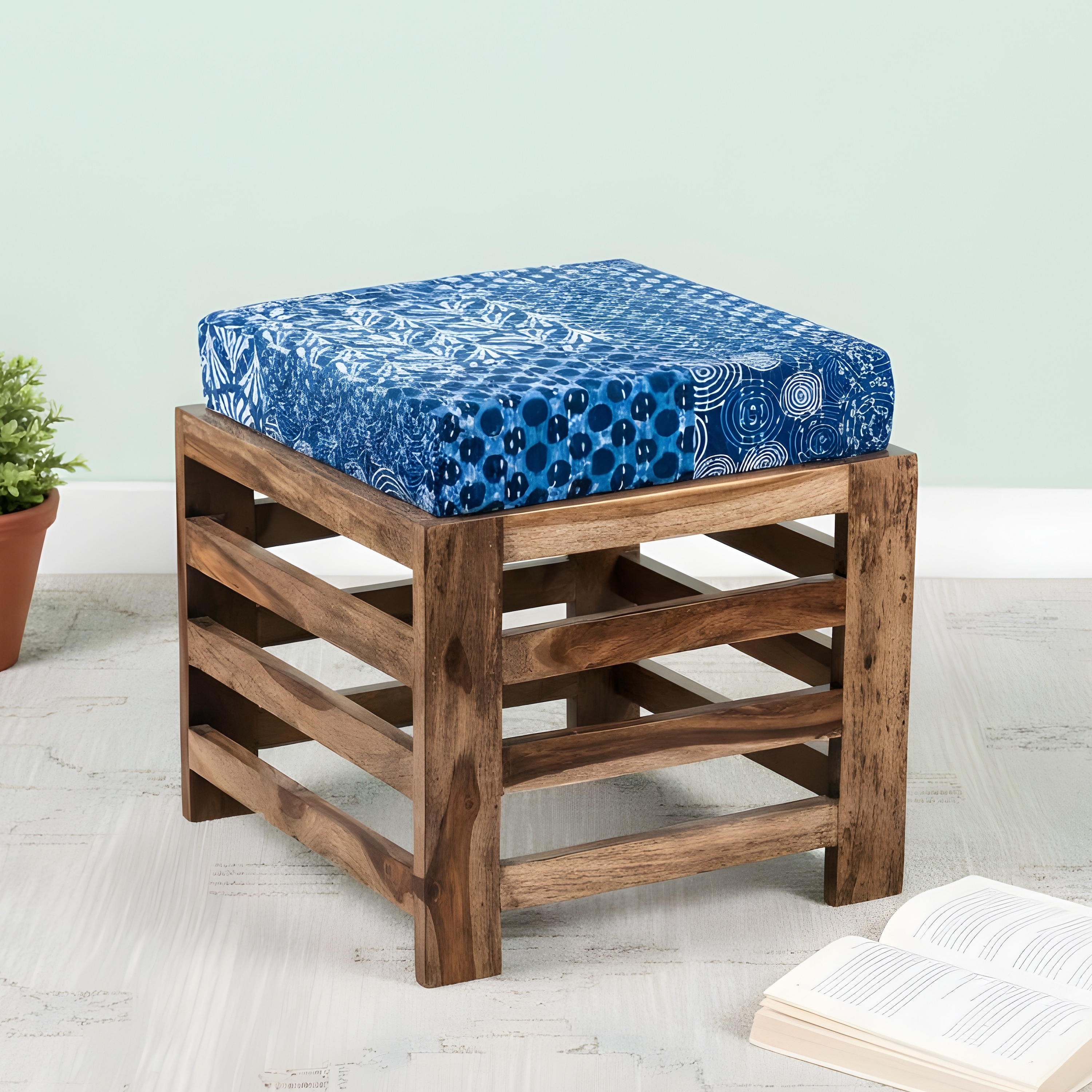 Houston Sheesham Wood Stool with Indigo Patch Kantha Cushion