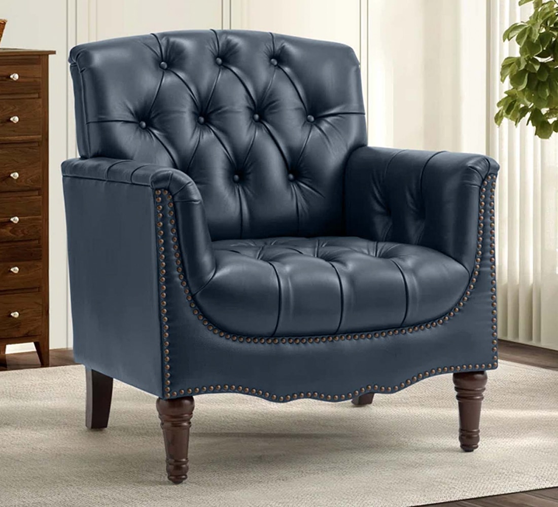 Jones Pu Leather W in g Chair in Blue - KURSIWALLAH