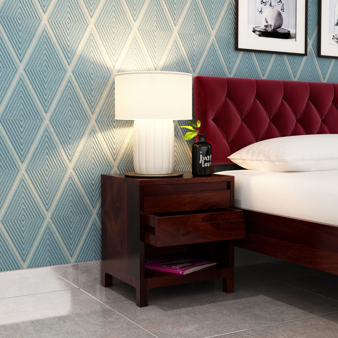 Unicorn Solid Wood Bedside Table in Teak Finish