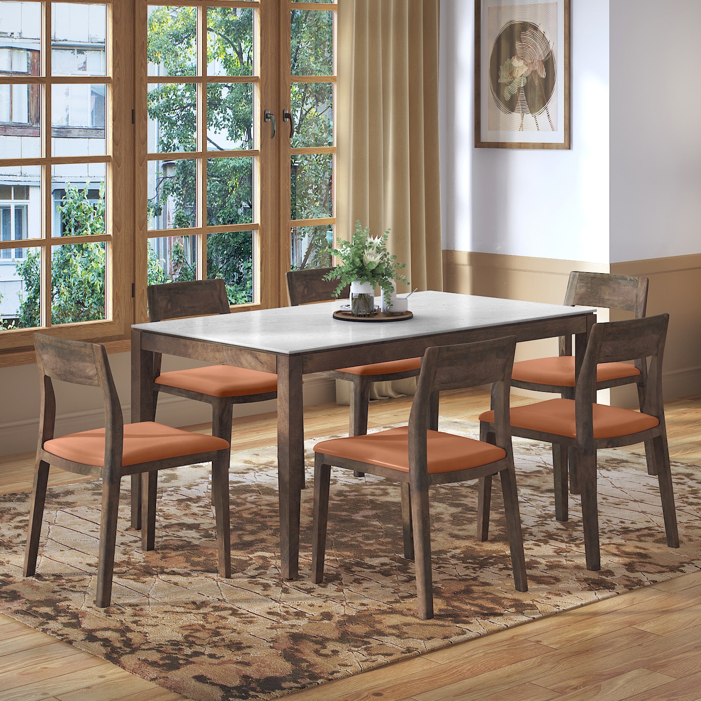 Emry Rectangular Statuario Ceramic 6 Seater Dining Table With Set of 3  Clarke Dining Chair