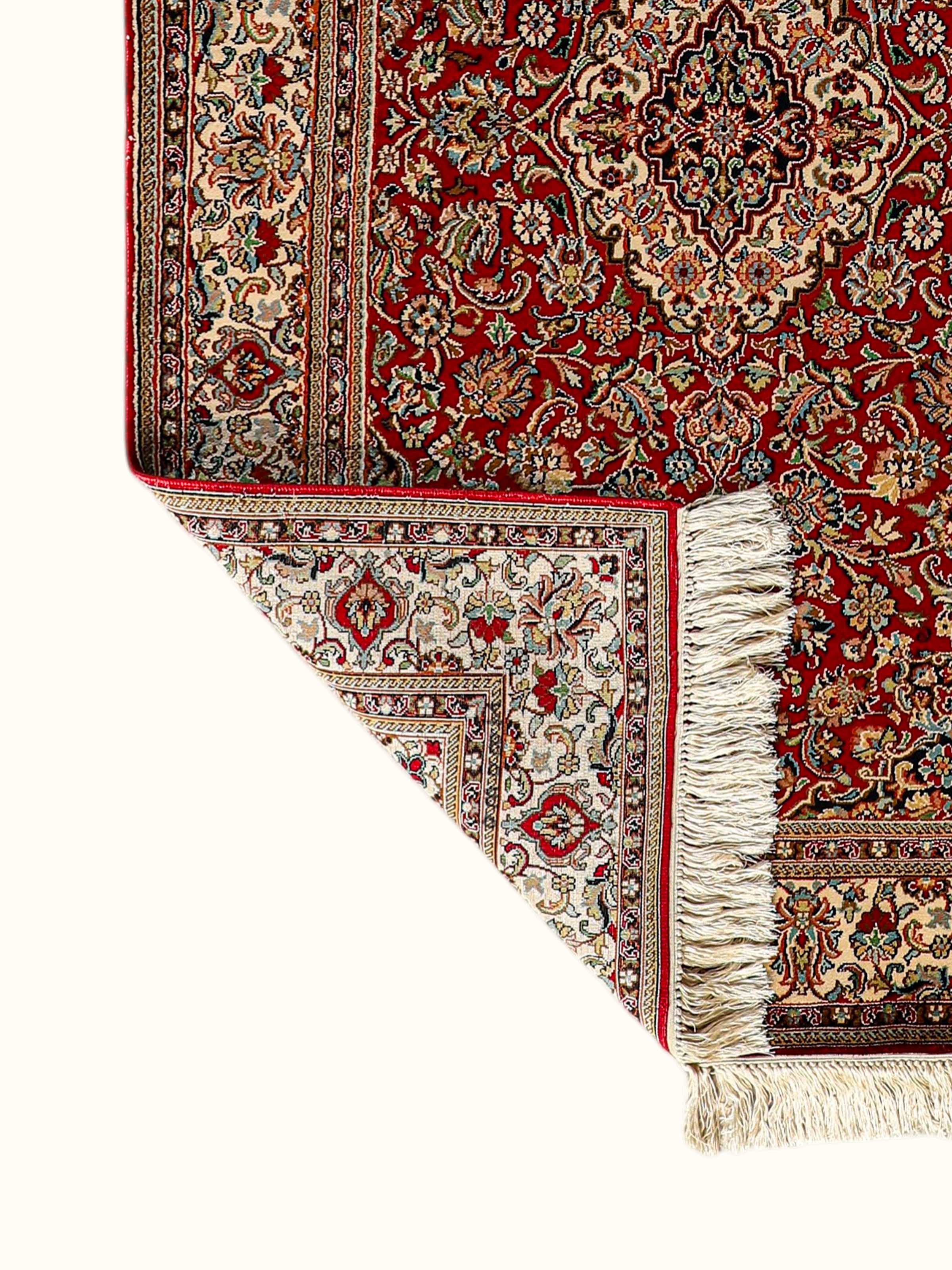 Traditional Persian Red Ivory Kashan Kashmir Silk Hand-Knotted Carpet